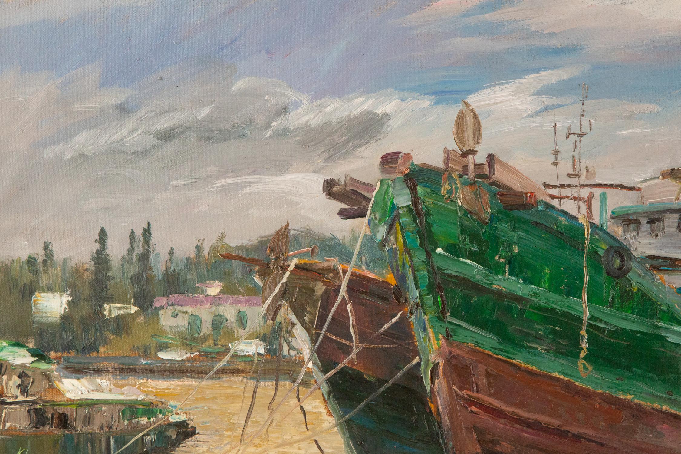 Impressionistisches Original-Ölgemälde „Green Boat“ von Liang Guiwen, Liang Guiwen im Angebot 1