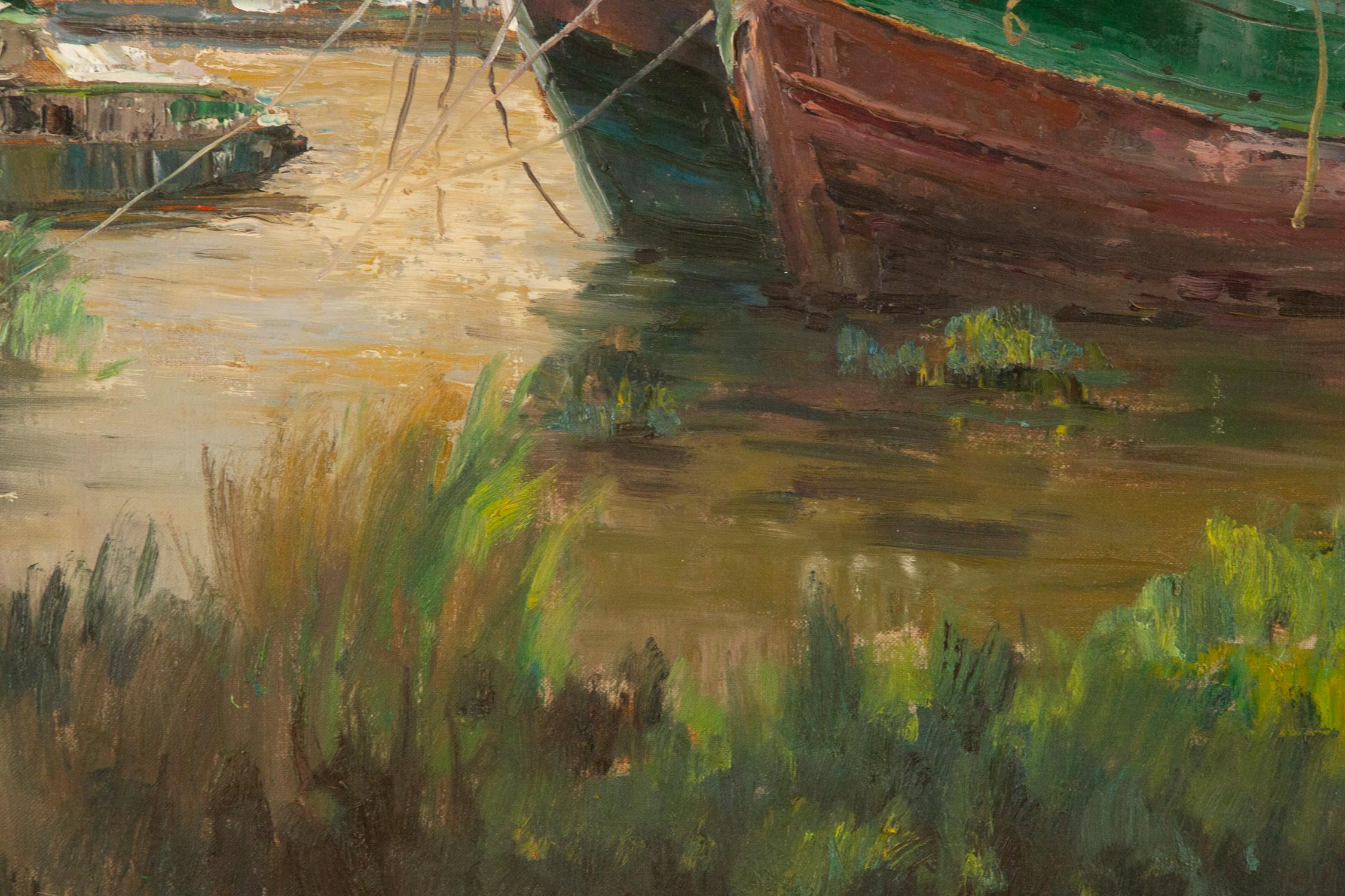 Impressionistisches Original-Ölgemälde „Green Boat“ von Liang Guiwen, Liang Guiwen im Angebot 3