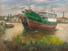 Peinture à l'huile impressionniste originale de Liang Guiwen « Bateau vert »