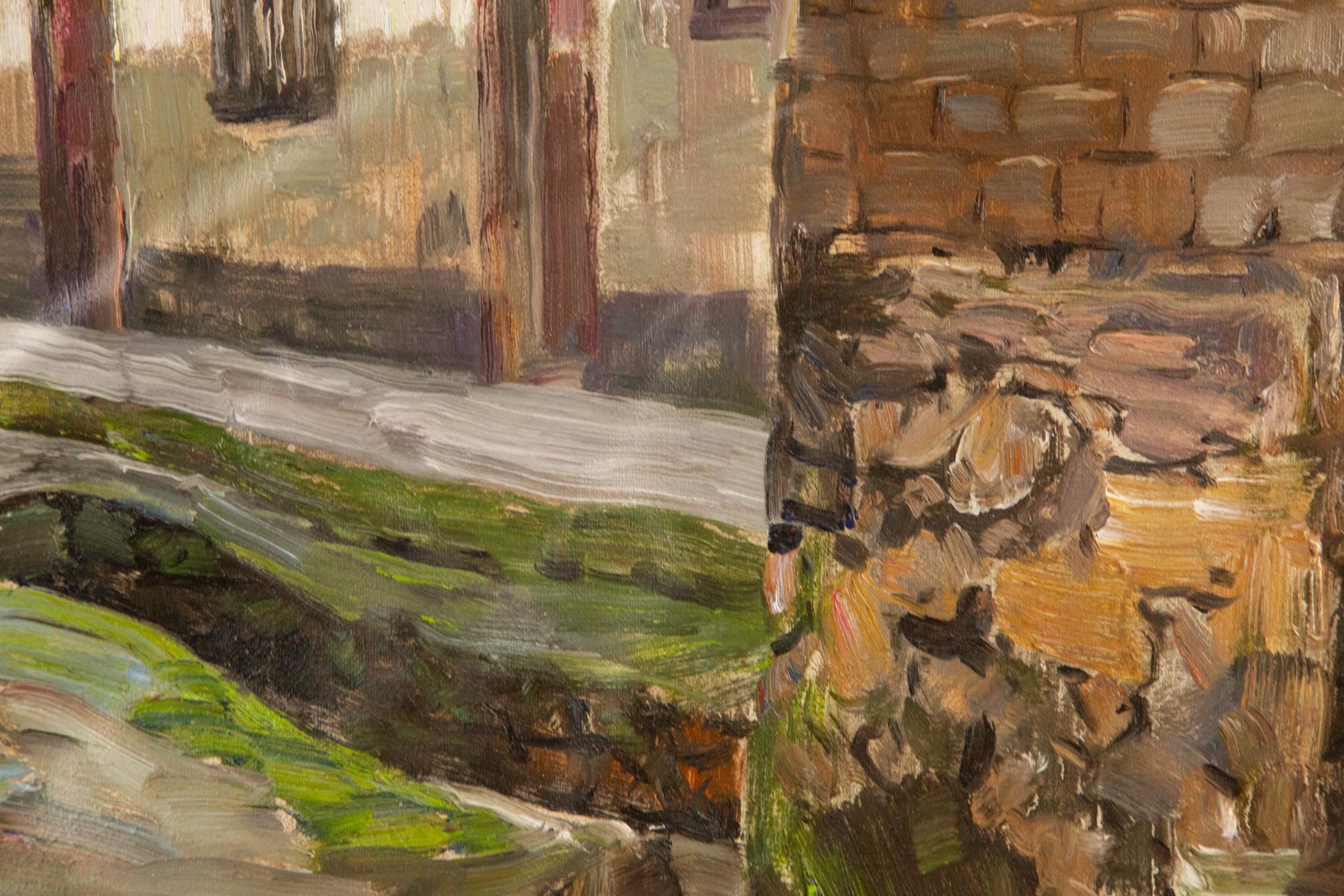 Impressionistisches Original-Ölgemälde von Liang Guiwen, „Small Canal In The Yard“, Original im Angebot 5