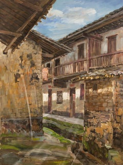 Liang Guiwen Peinture à l'huile impressionniste originale "Petit canal dans le Yard"