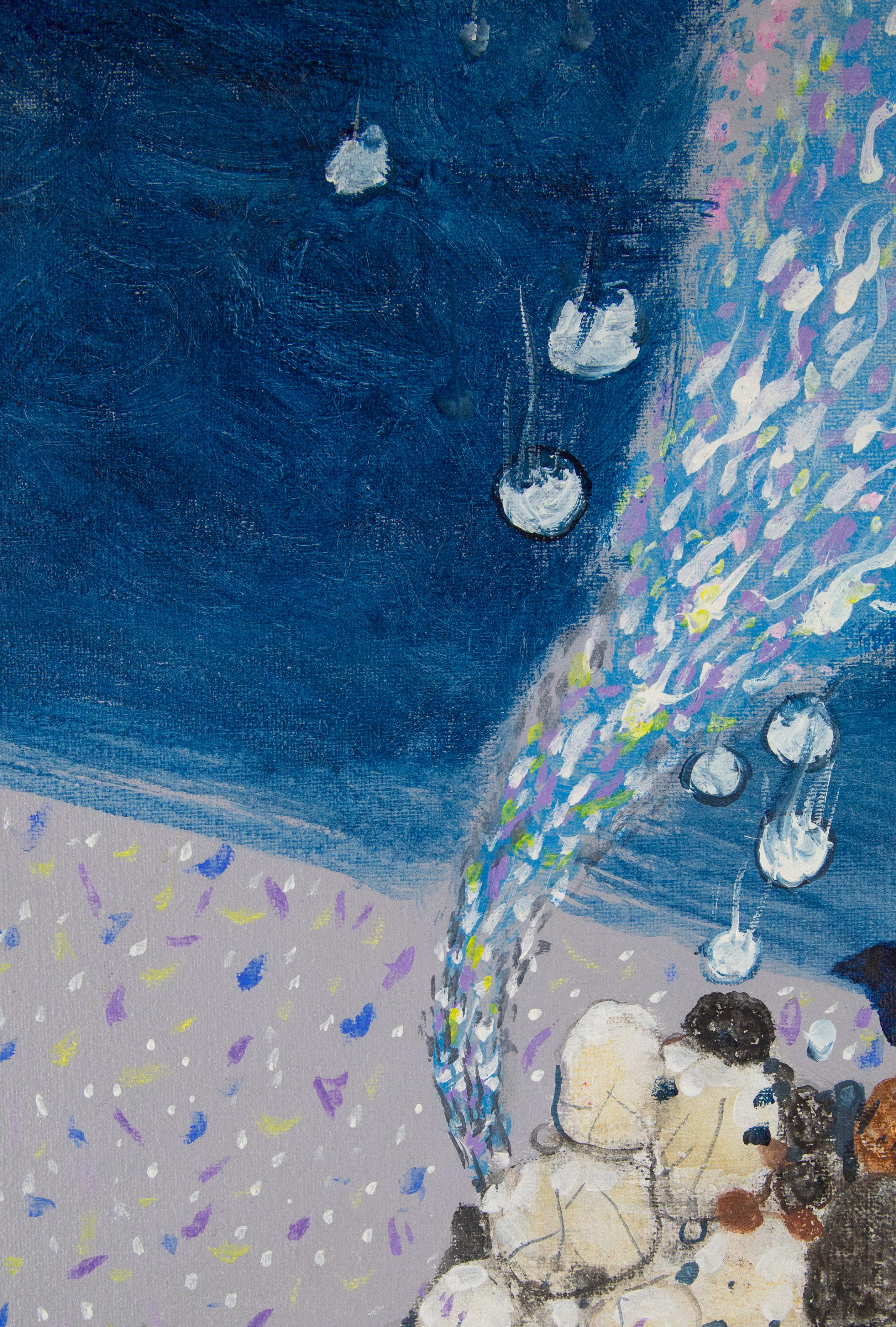 Surrealistisches Original Ölgemälde auf Leinwand „Rosafarbenes Mädchen, Blaue Welt“, Liang Huang im Angebot 1