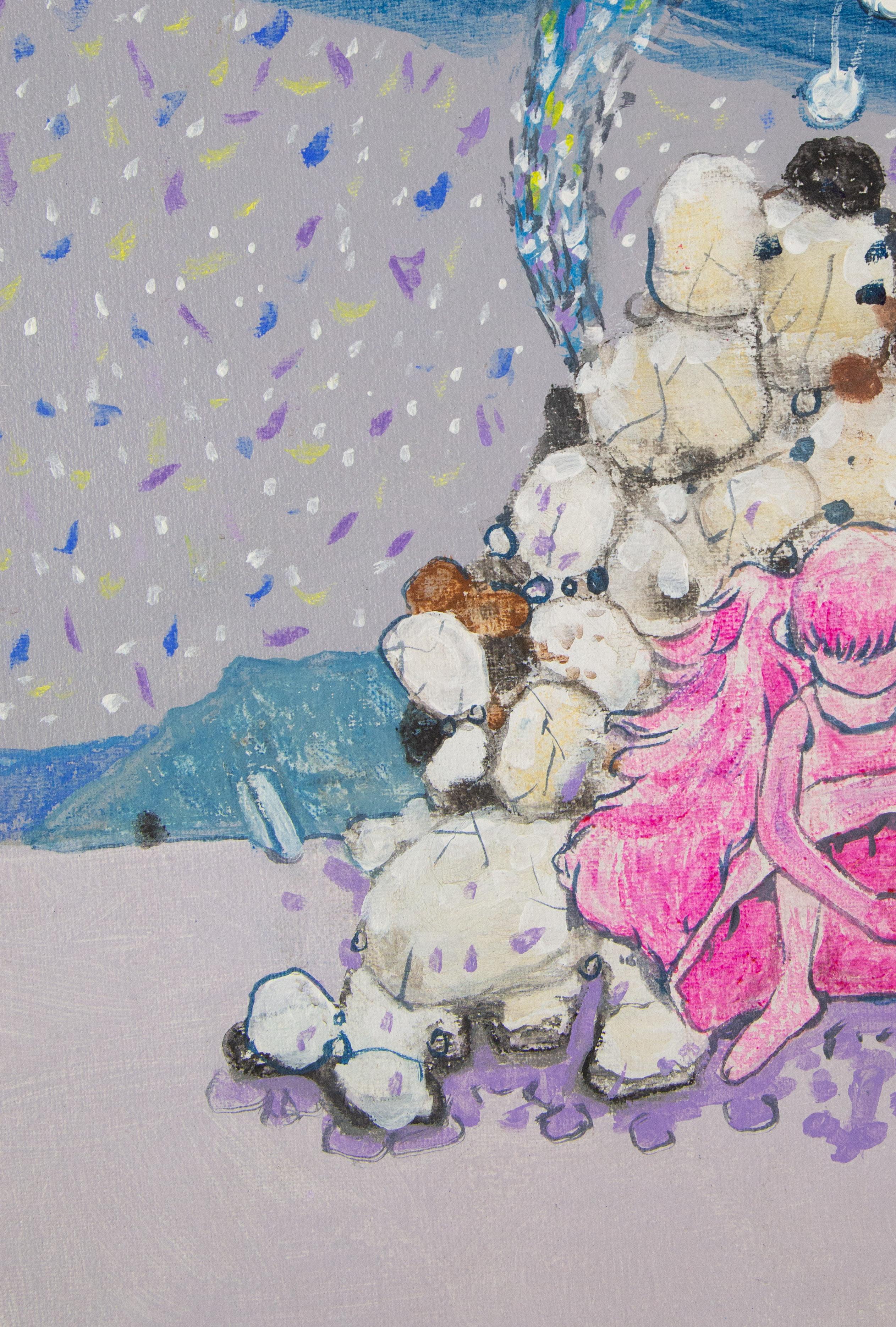 Surrealistisches Original Ölgemälde auf Leinwand „Rosafarbenes Mädchen, Blaue Welt“, Liang Huang im Angebot 2