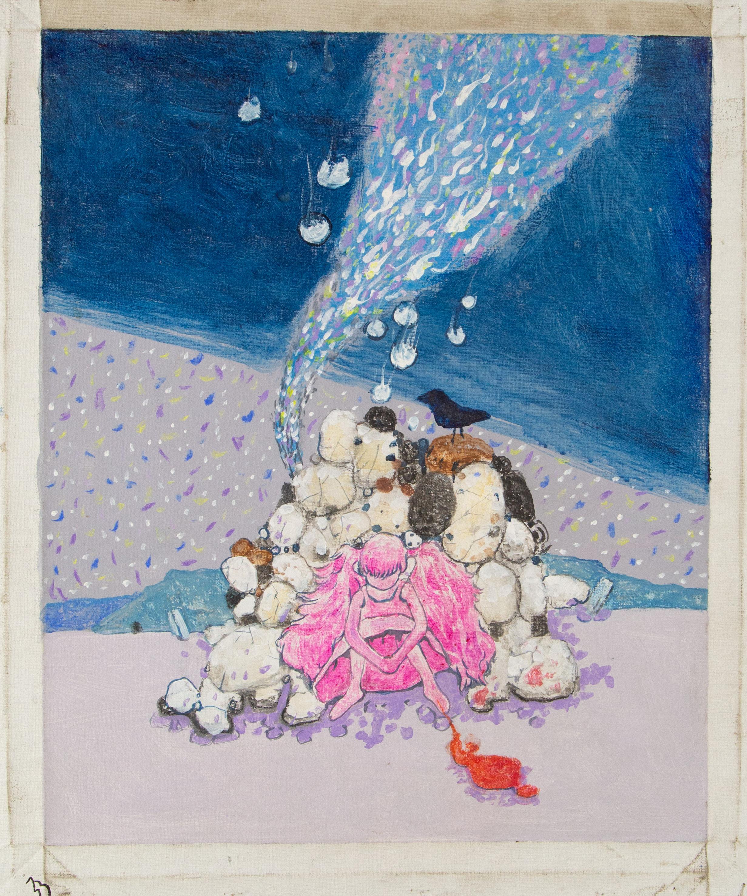 Surrealistisches Original Ölgemälde auf Leinwand „Rosafarbenes Mädchen, Blaue Welt“, Liang Huang im Angebot 6