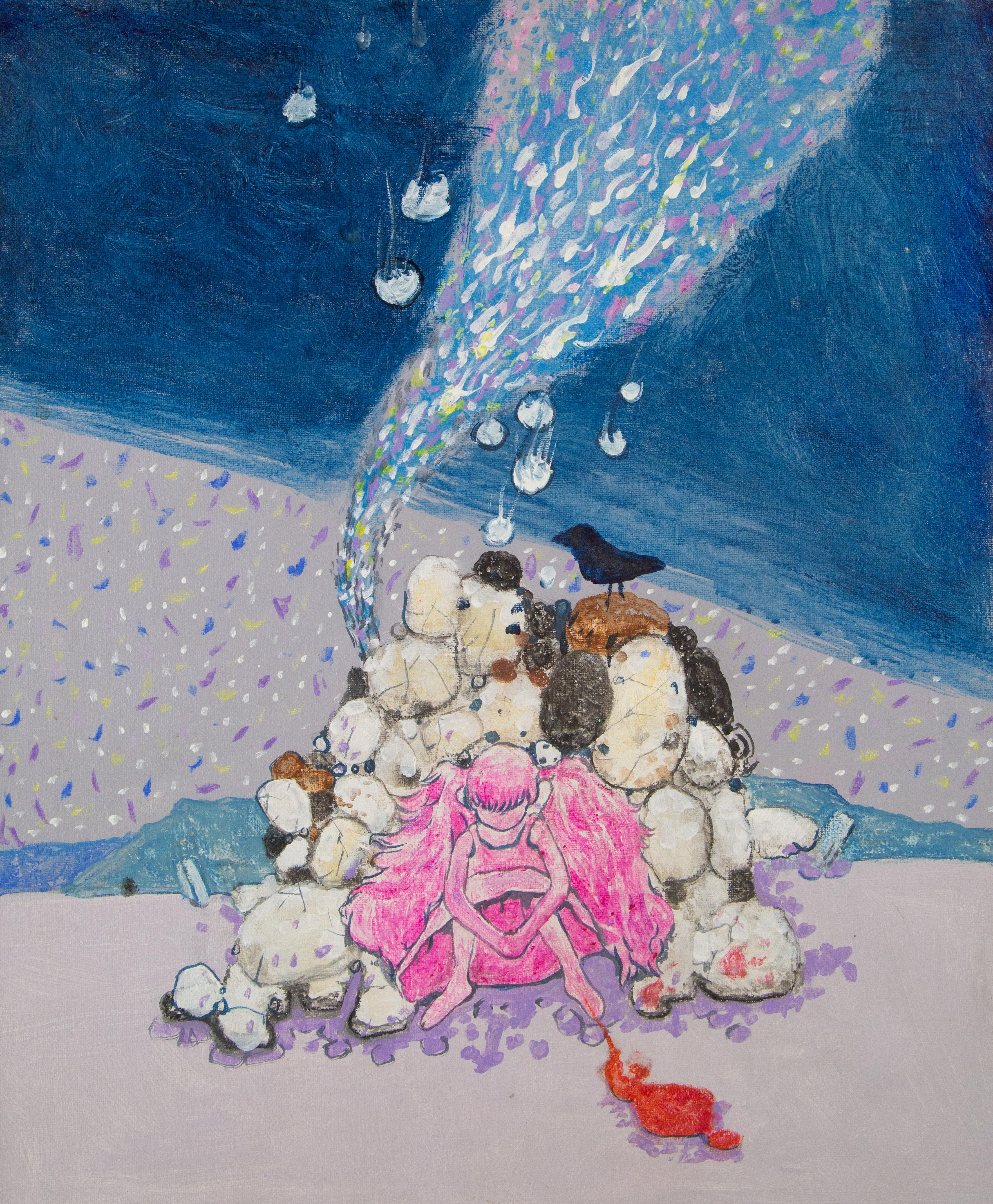  Titel: Rosa Mädchen, blaue Welt
 Medium: Öl auf Leinwand
 Größe: 18 x 15 Zoll
 Rahmen: Einrahmungsmöglichkeiten vorhanden!
 Zustand: Das Gemälde scheint in ausgezeichnetem Zustand zu sein.
 Hinweis: Dieses Gemälde ist nicht aufgespannt.
 Jahr: 2000