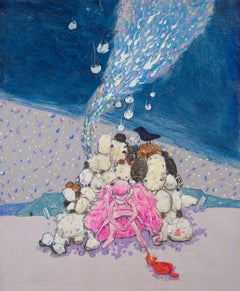 Liang Huang Surrealist Original Oil On Canvas "Pink Girl, Blue World"