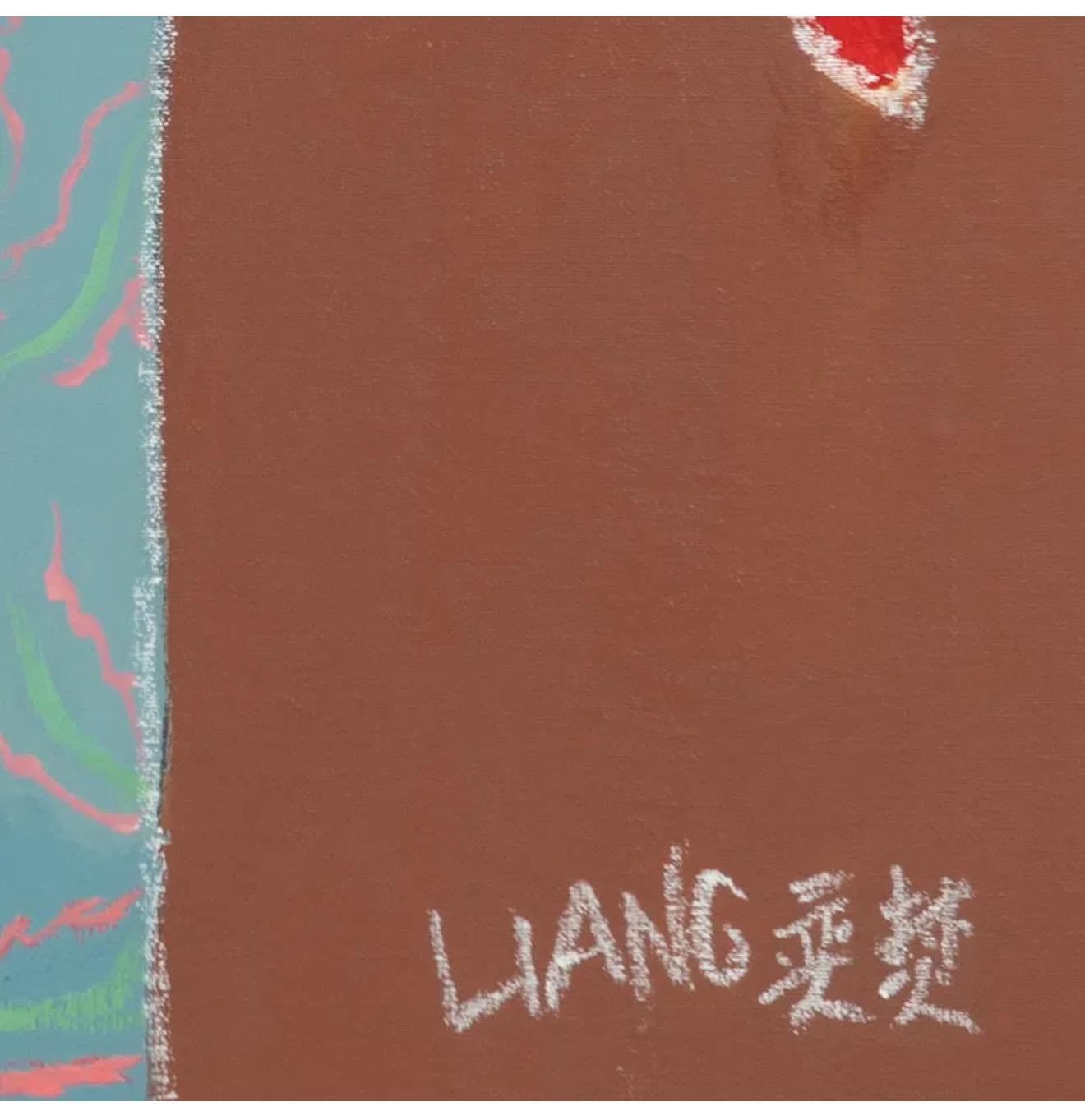 Chinesisches, taiwanesisches, modernistisches Ölgemälde, Liang Yifeng, Frau in blauem Interieur, Liang im Angebot 9