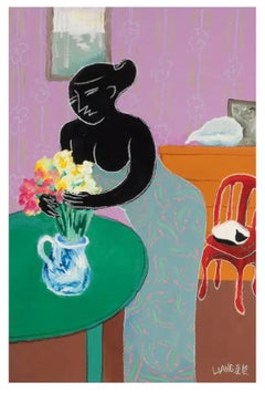 Chinese Taiwanese Modernist Oil Painting Liang Yifeng Woman in Blue Interior