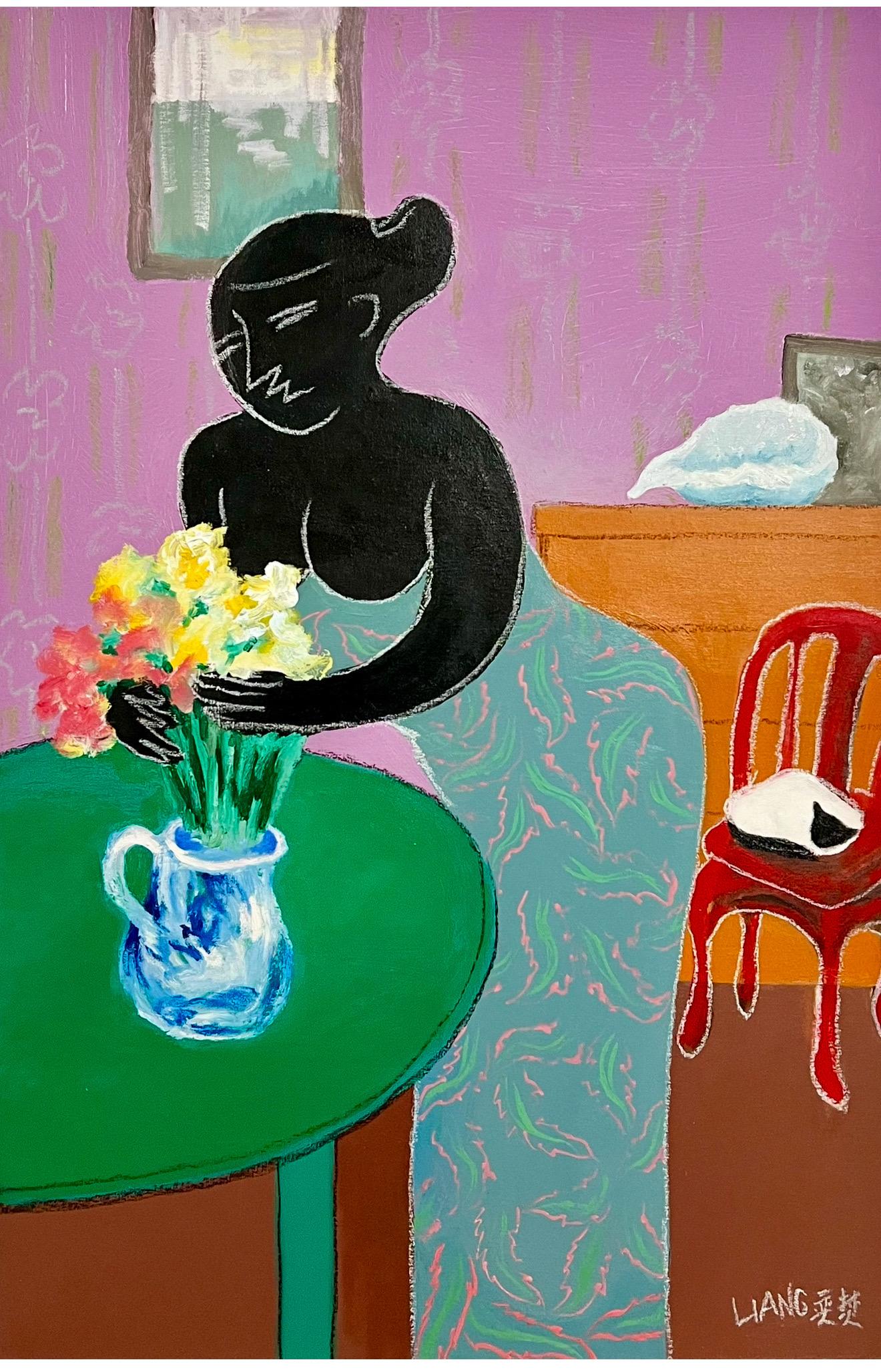 Chinesisches, taiwanesisches, modernistisches Ölgemälde, Liang Yifeng, Frau in blauem Interieur, Liang im Angebot 3