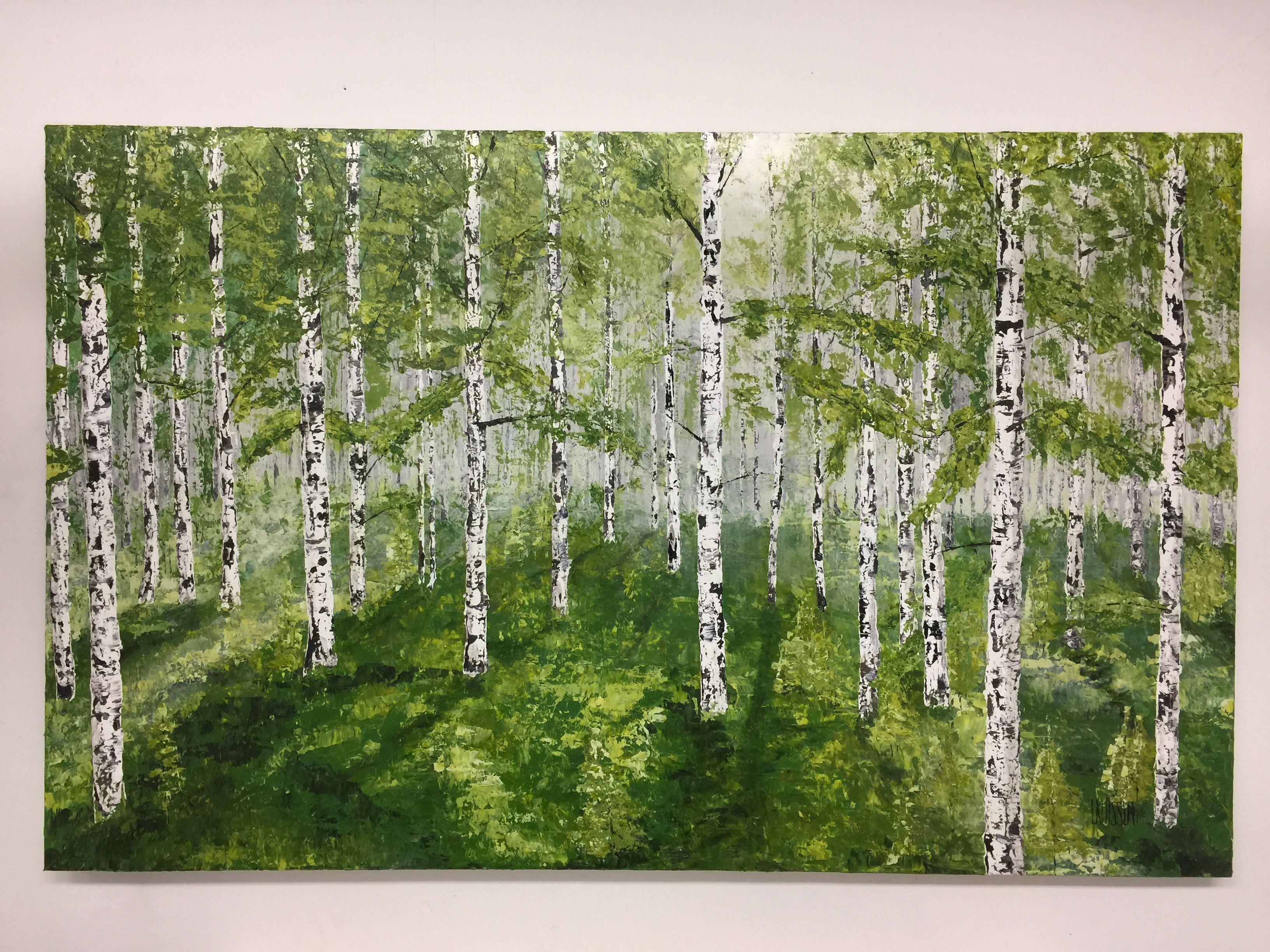 Birches in Spring Fog, Mixed Media on Canvas - Impressionist Mixed Media Art by Lianna Klassen