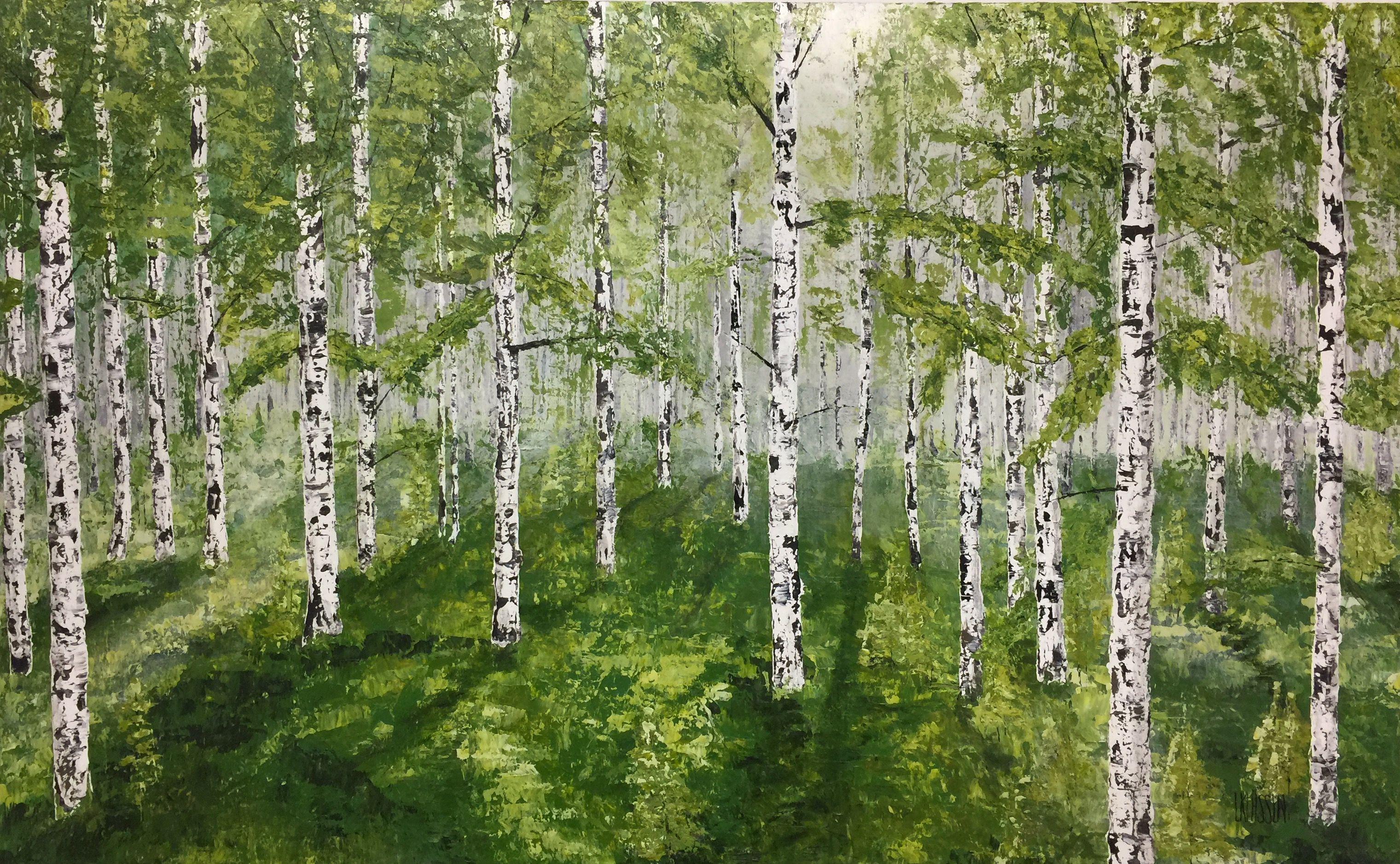Birches in Spring Fog, Mixed Media on Canvas - Mixed Media Art by Lianna Klassen