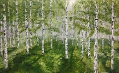 Birches in Spring Fog, Mixed Media on Canvas
