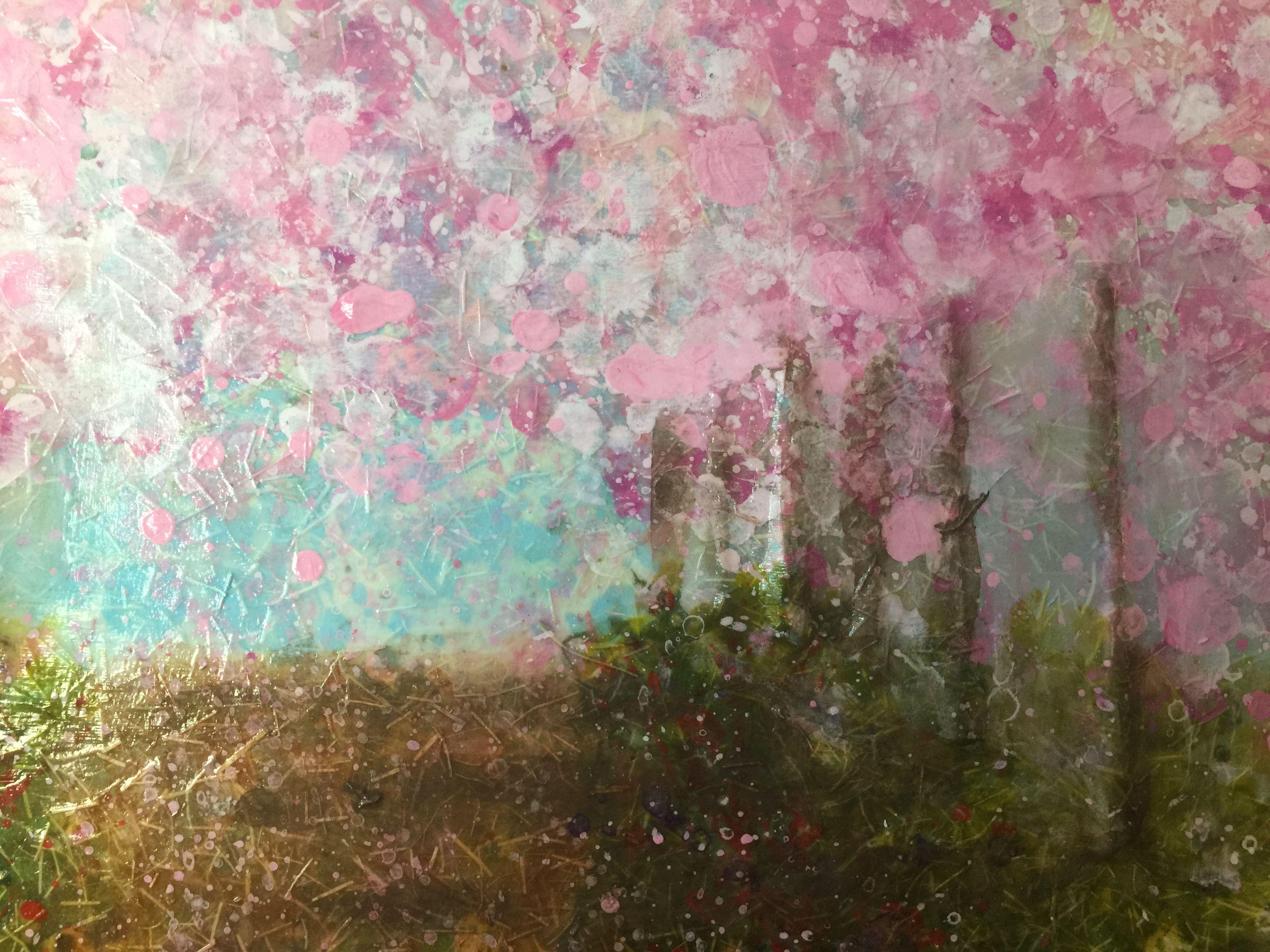 Into the Woods series (Cherry Blossoms 2), Mixed Media on Canvas - Abstract Mixed Media Art by Lianna Klassen