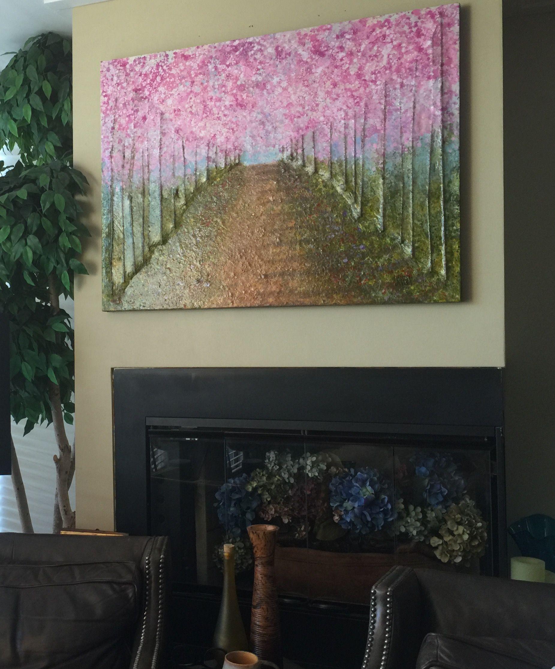 From the Into the Woods series, this abstract realism painting represents Cherry Blossoms that line the streets of Vancouver every spring. I use mixed media which creates texture and depth.  Remember, there is always so much more detail and subtle