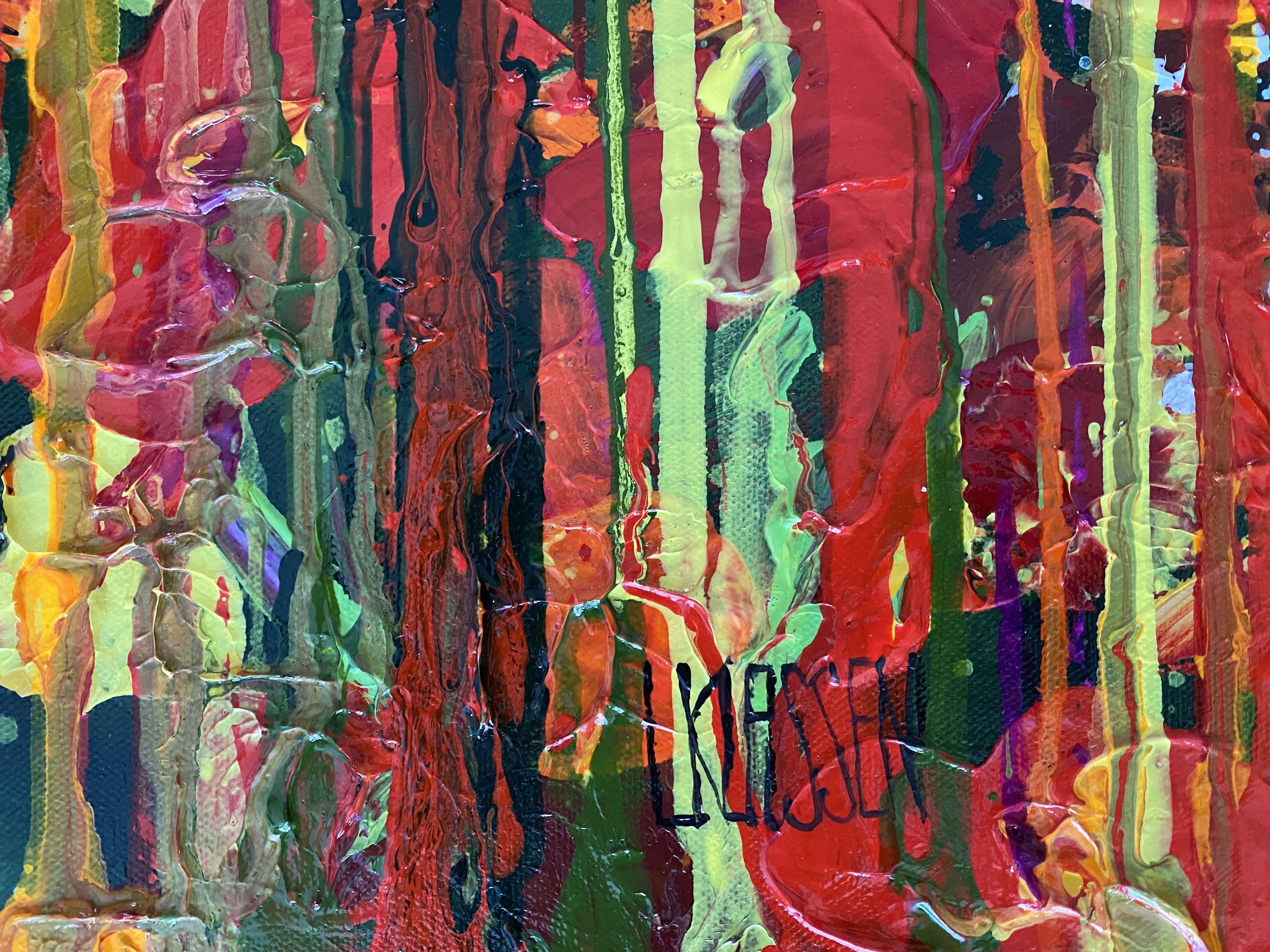 Questo vivace dipinto si basa sui giardini di Parigi che sono fonte di ispirazione per molte opere dell'artista.  Altamente strutturato con strati di pittura che rappresentano in modo astratto e realistico giardini floreali.  Questo quadro ha i lati