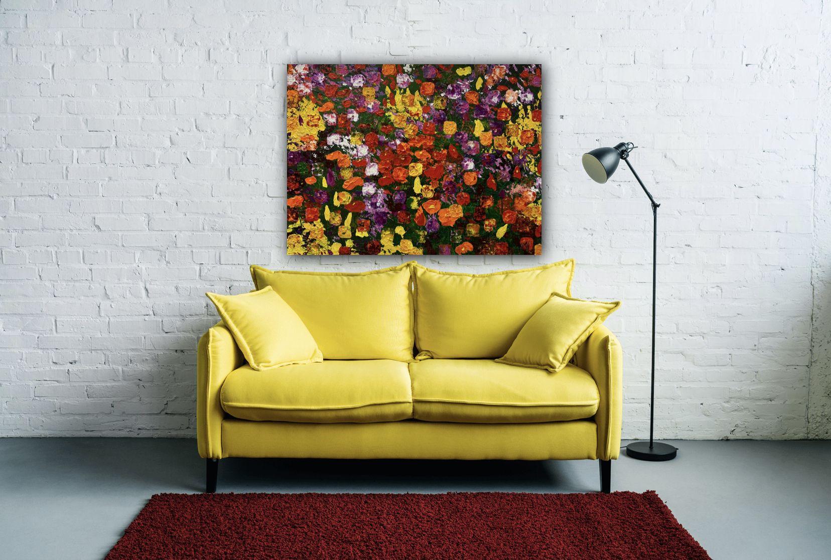 This vibrant painting is based on the gardens in Paris that are an inspiration for many of the artist's work. Highly textured with layers of paint that represent in abstract realism floral gardens. Size is 30â€