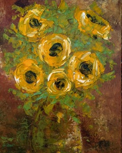 Sunflowers with Green Vase, Mixed Media on Canvas