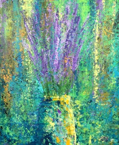 Lavender in Yellow Vase, Painting, Acrylic on Canvas