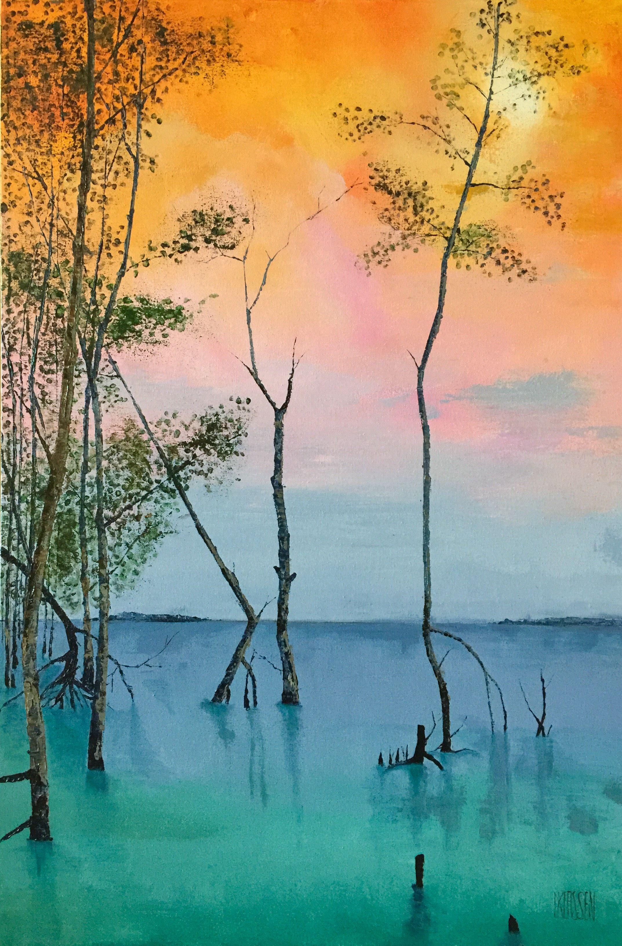 A vibrant painting that stirs memories of lazy hot summer nights, summer holidays and peaceful times by the lake.  This piece is acrylic on canvas in the impressionist style.  Contemporary and gorgeous color.  Works well in any decor.  Quality