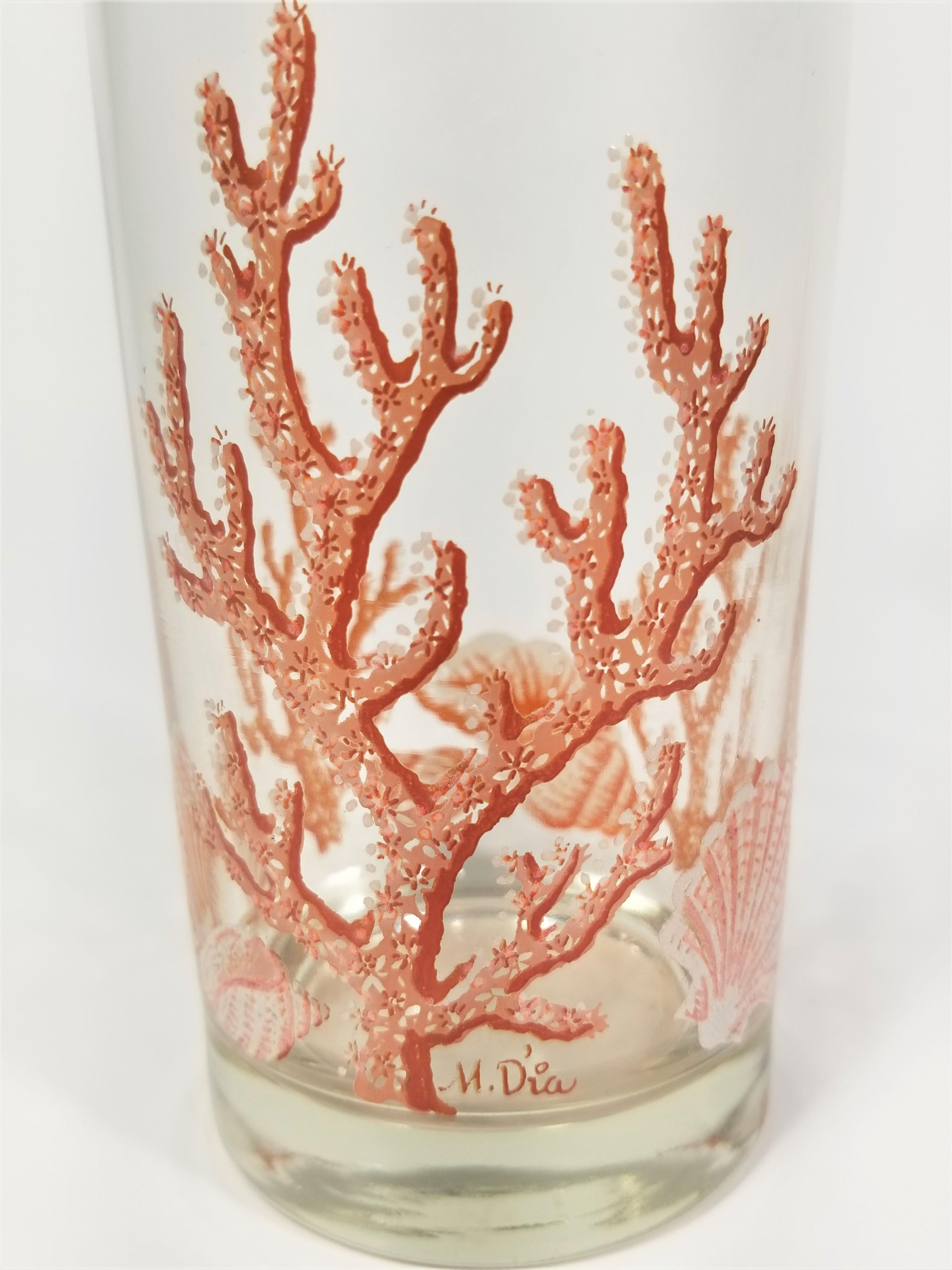 Libbey 1970s Glassware Barware Artist Signed M. Dia Seashell and Coral  5