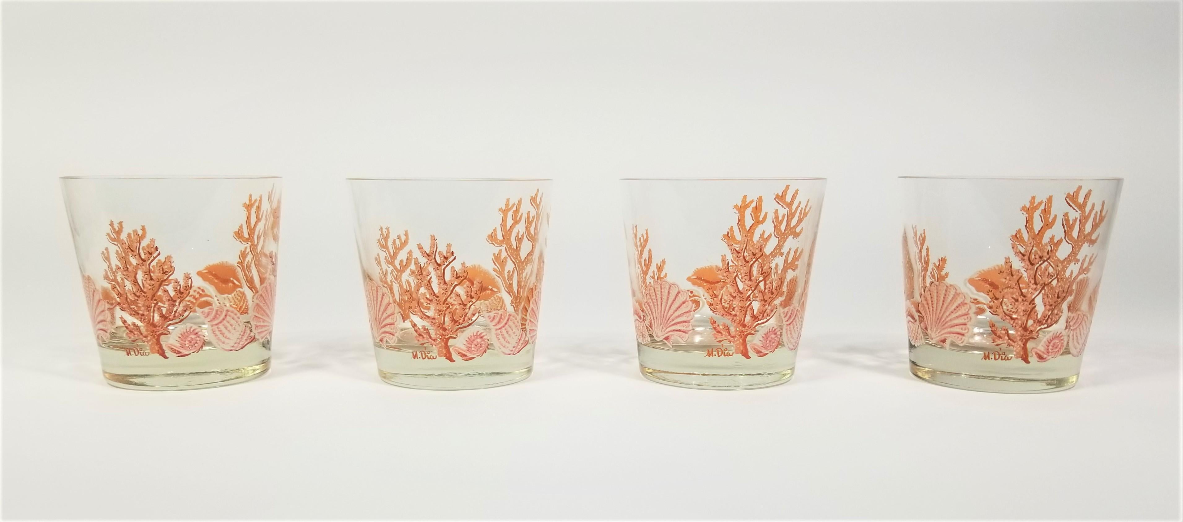 Libbey 1970s Glassware Barware Artist Signed M. Dia Seashell and Coral  7