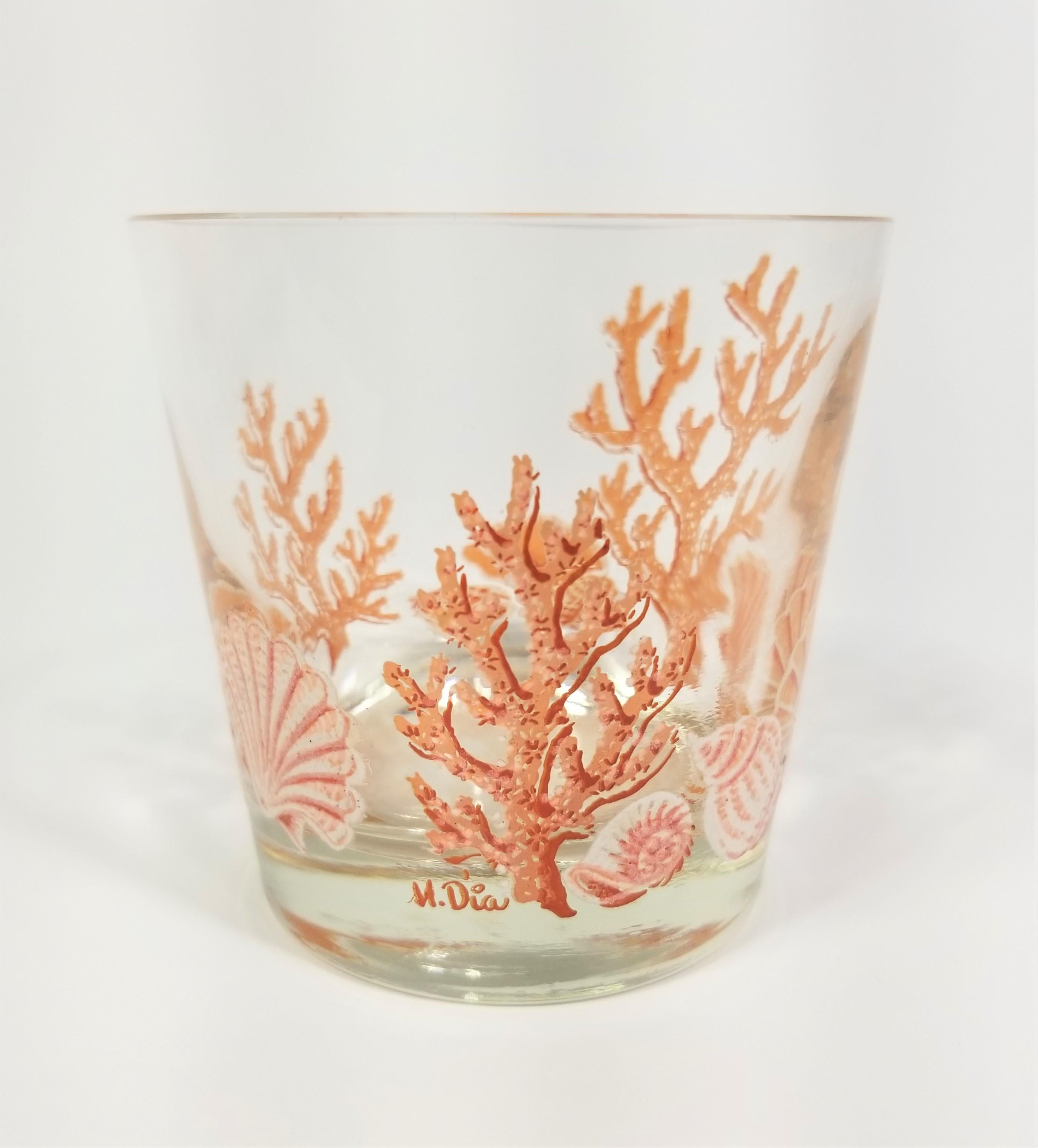 Libbey 1970s Glassware Barware Artist Signed M. Dia Seashell and Coral  8