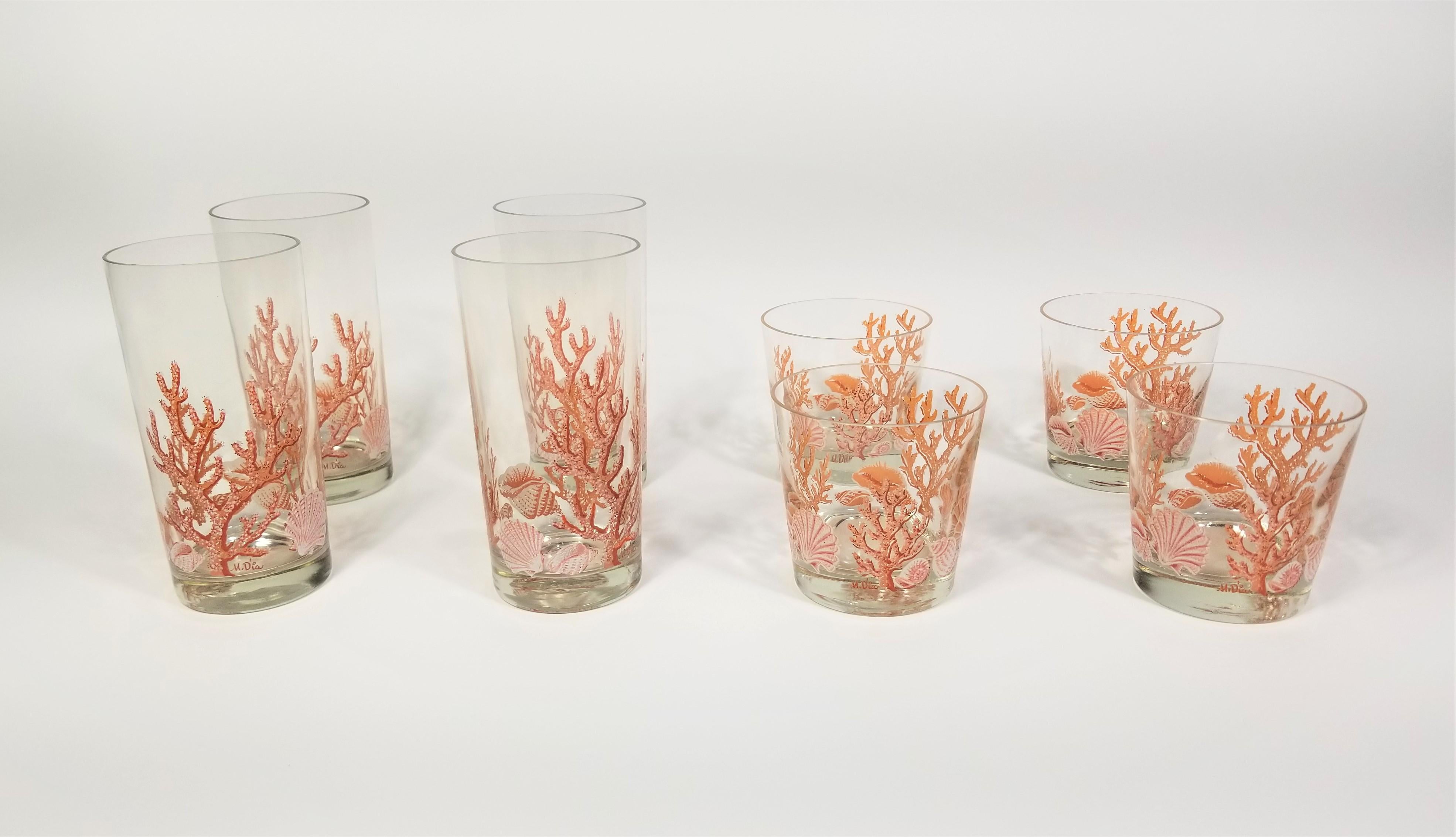 Libbey 1970s Glassware Barware Artist Signed M. Dia Seashell and Coral 11