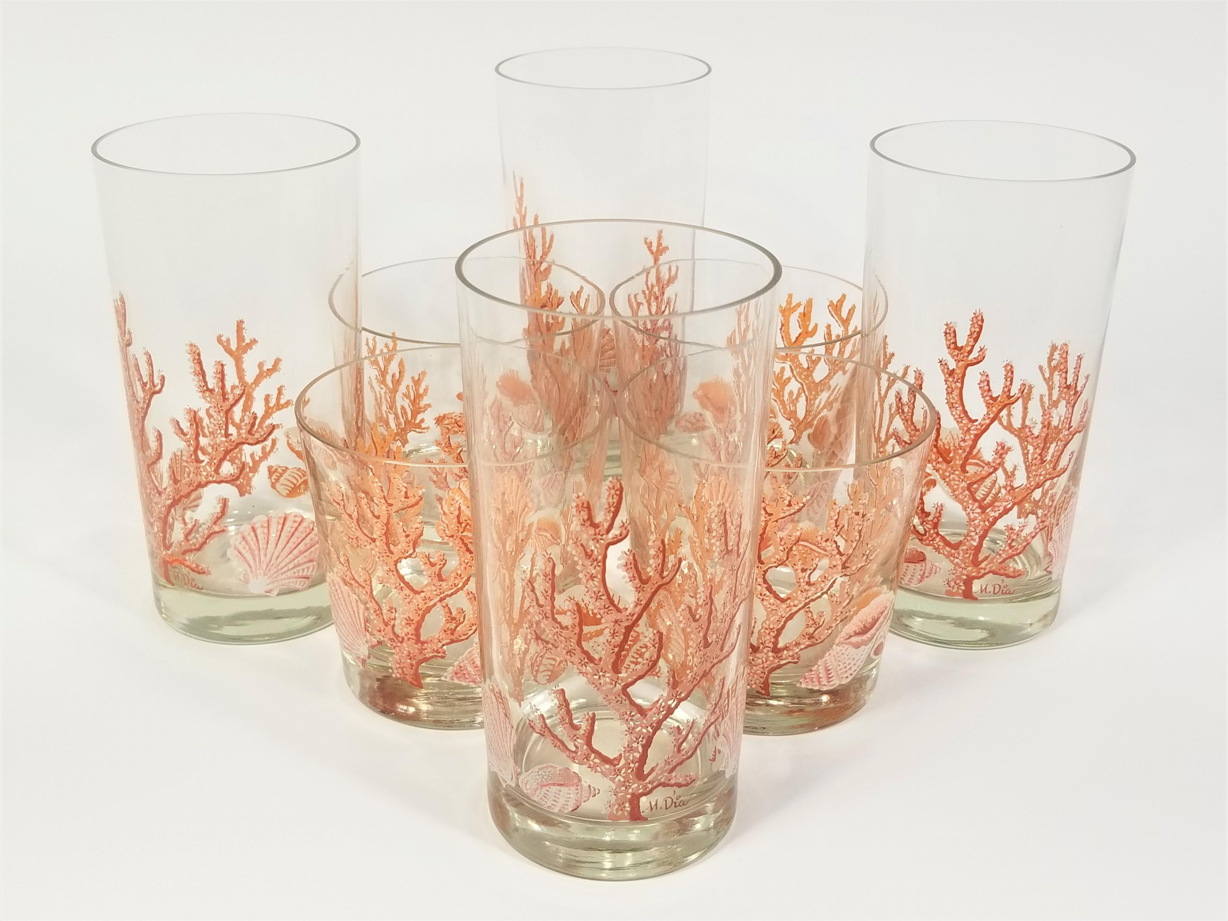 Libbey 1970s Glassware Barware Artist Signed M. Dia Seashell and Coral  12