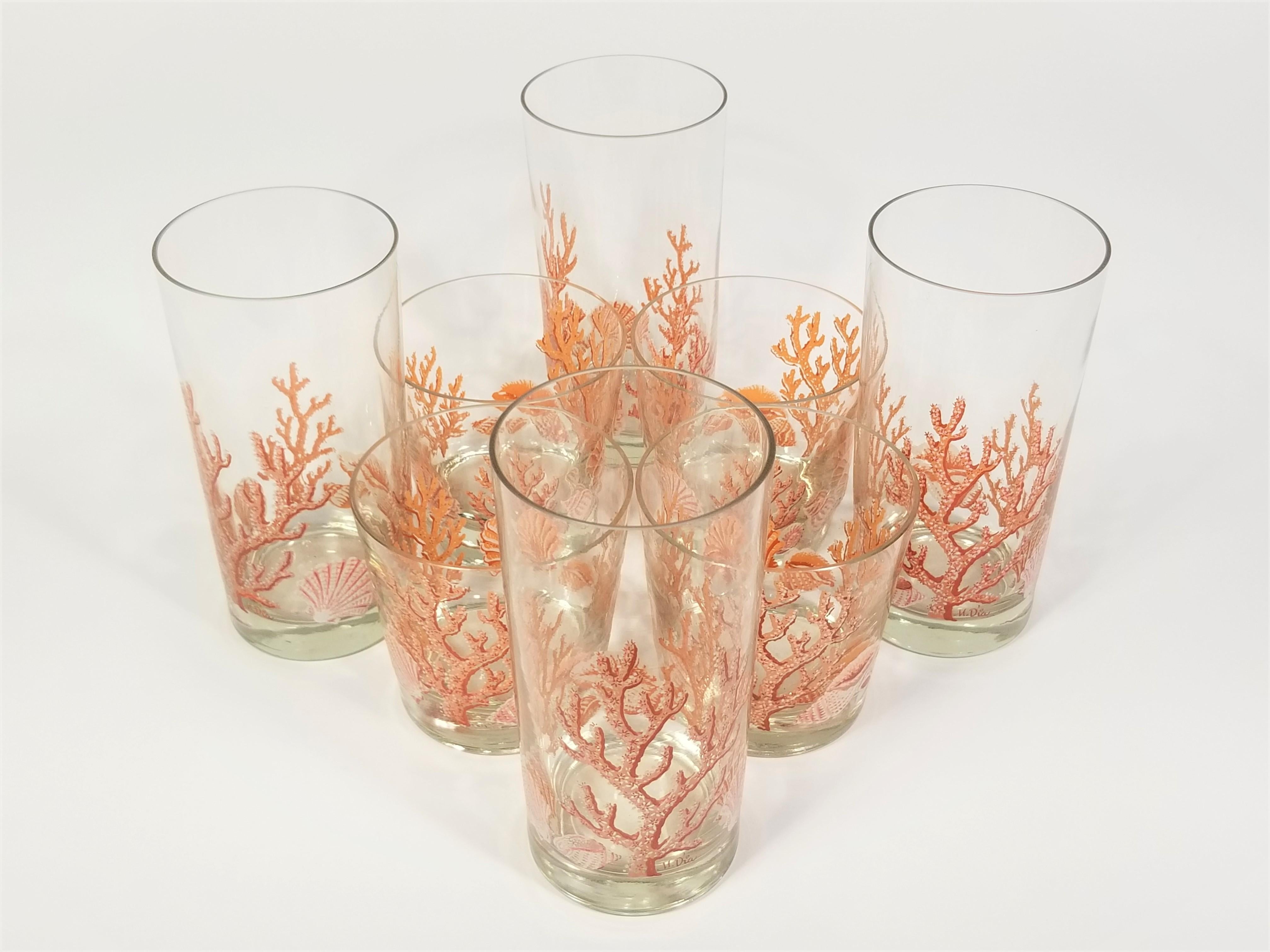 Libbey 1970s Glassware Barware Artist Signed M. Dia Seashell and Coral  13