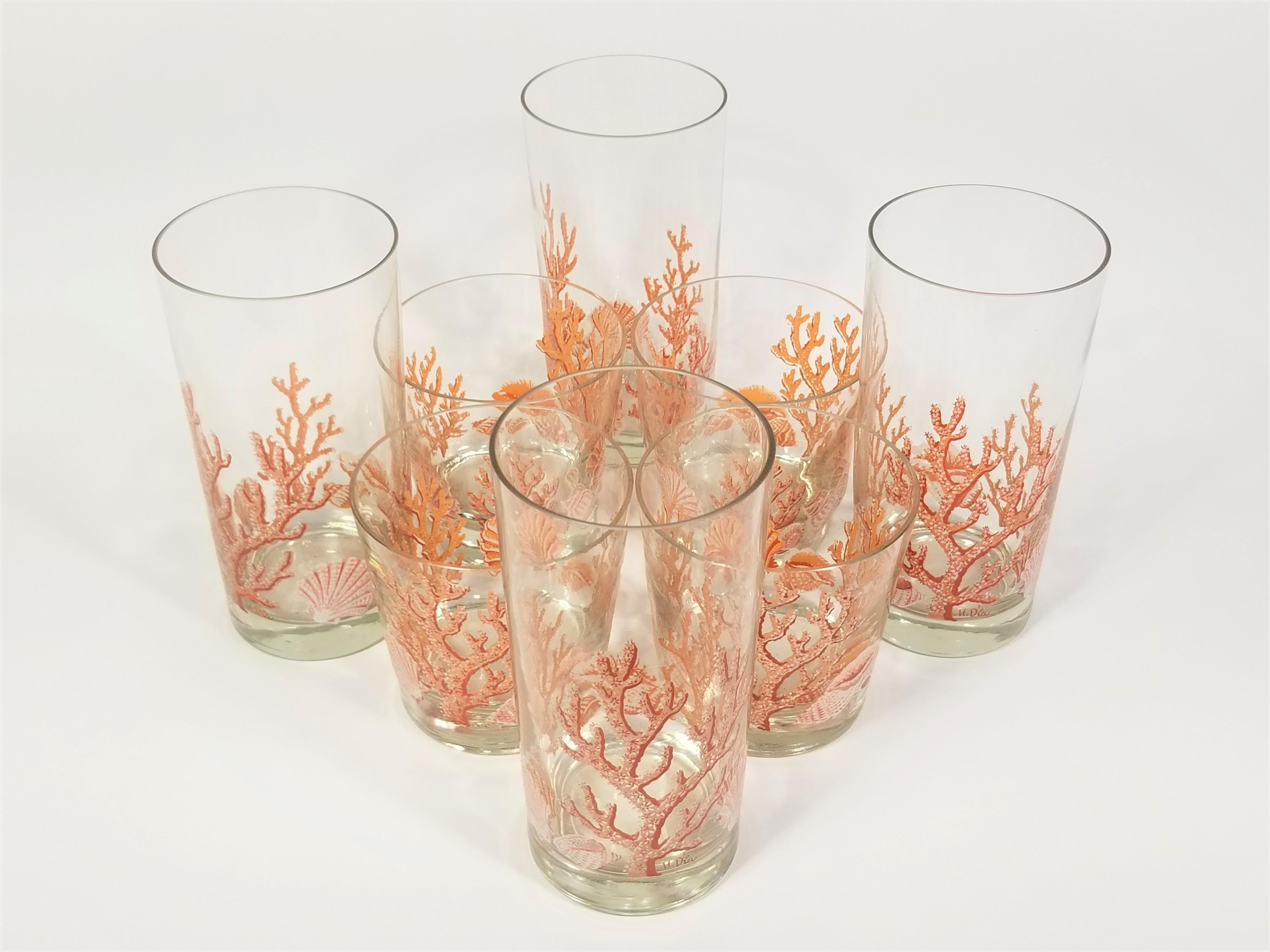 Libbey 1970s Glassware Barware Artist Signed M. Dia Seashell and Coral 13