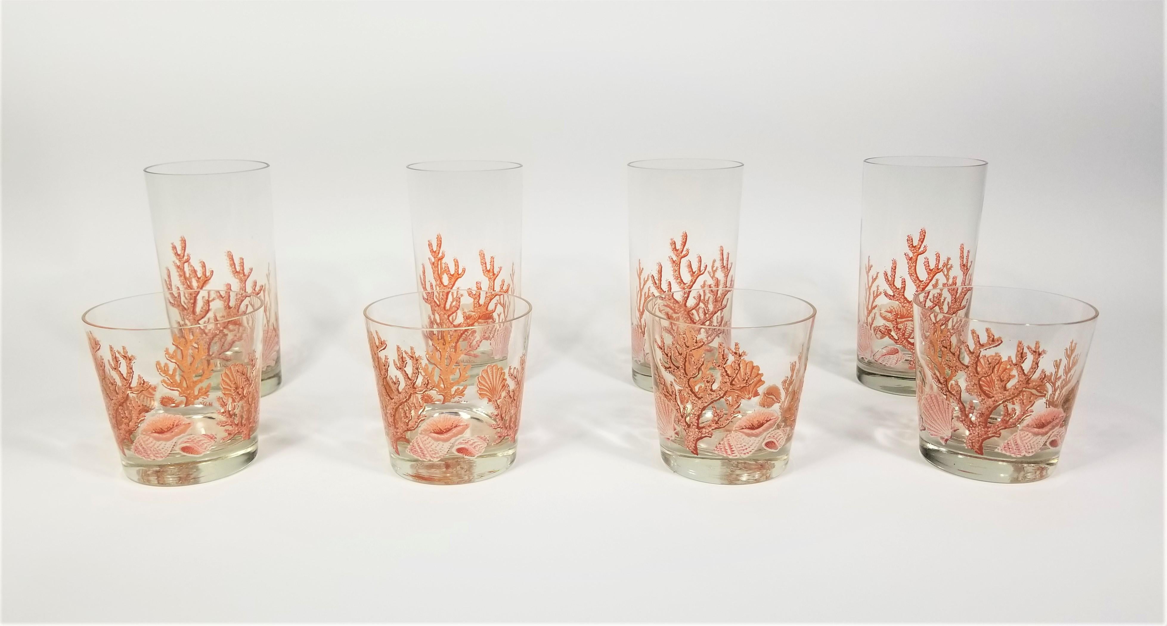 Rare Mid Century 1970s 1980s Libbey Glassware Barware. All glasses are artist signed M.Dia. All glasses are marked with Libbey marking on bottom. Coral and Seashell or Beach motif. 4 rocks glasses and 4 tall glasses for total of 8. Excellent