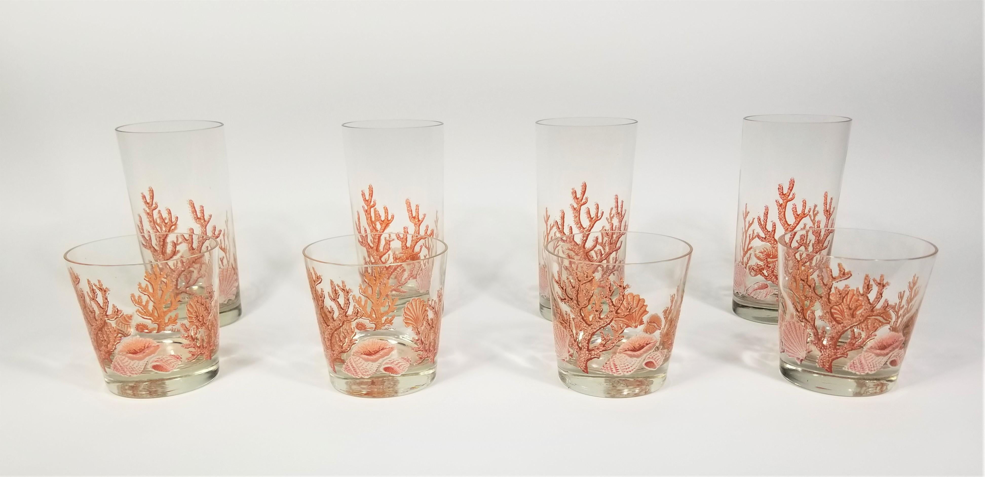Libbey 1970s Glassware Barware Artist Signed M. Dia Seashell and Coral  In Excellent Condition In New York, NY