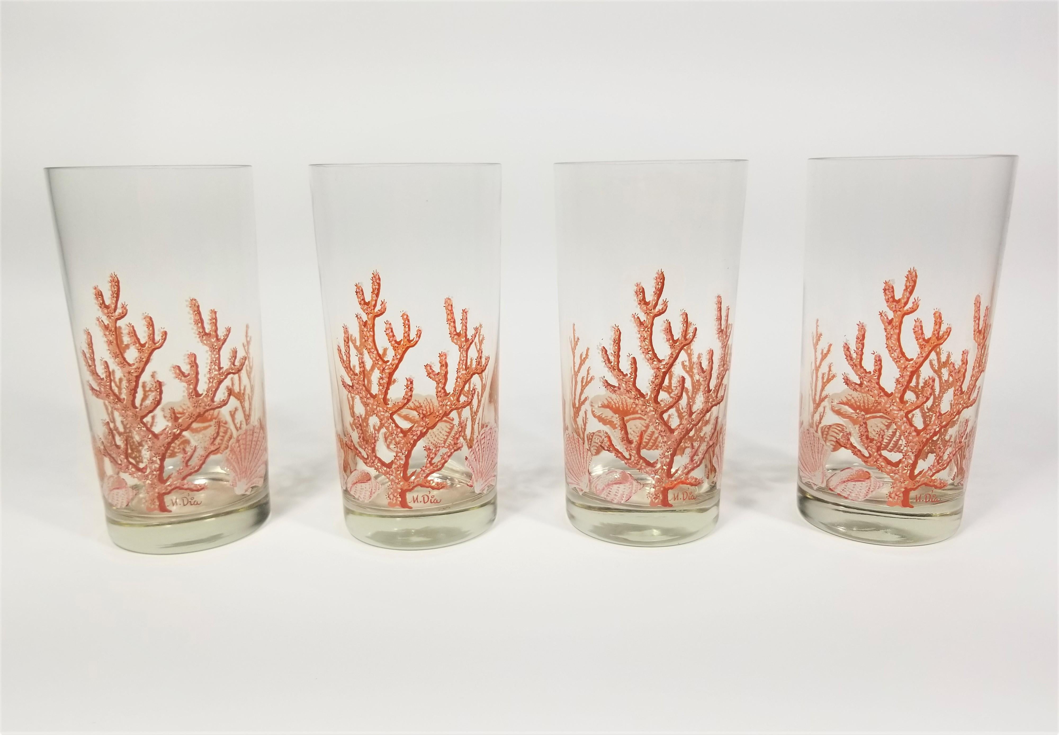 20th Century Libbey 1970s Glassware Barware Artist Signed M. Dia Seashell and Coral 
