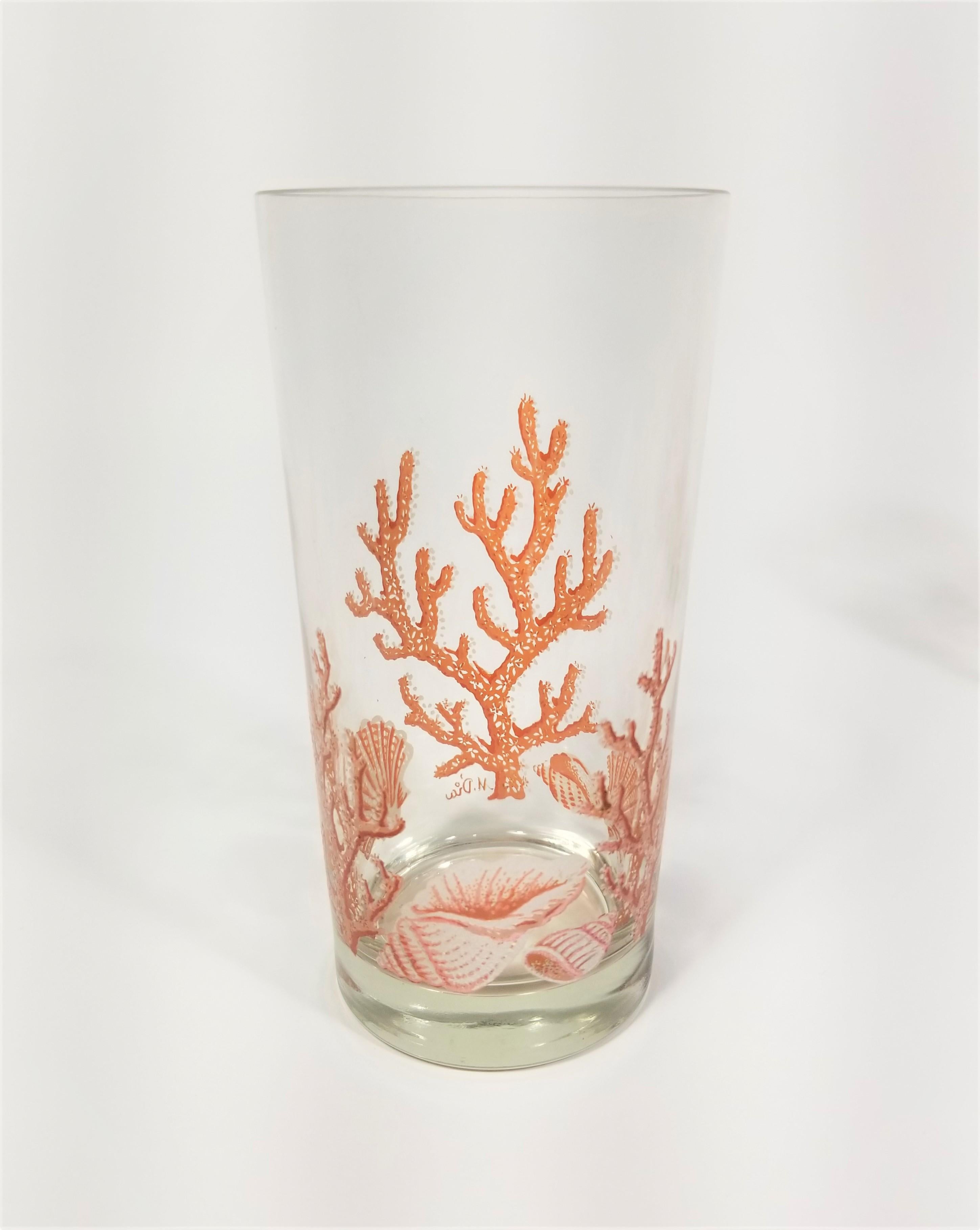 Libbey 1970s Glassware Barware Artist Signed M. Dia Seashell and Coral  2