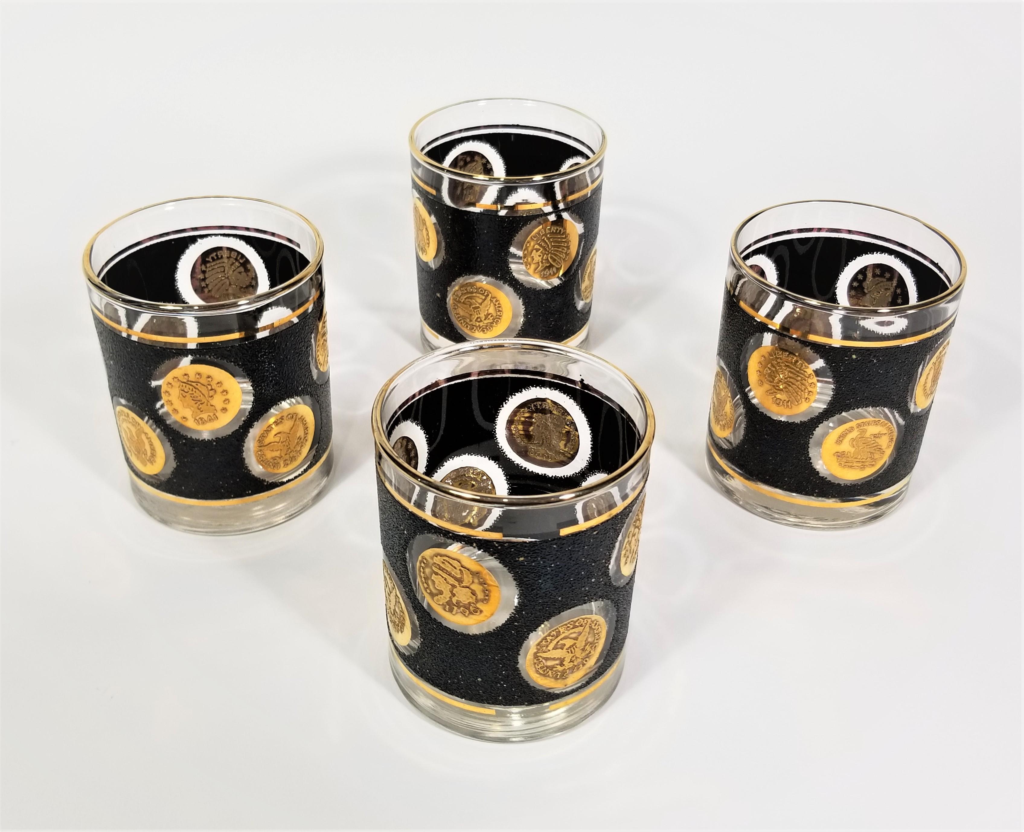 Mid-century 1960s Libbey 22K gold and black glassware barware. Petite rocks glasses.