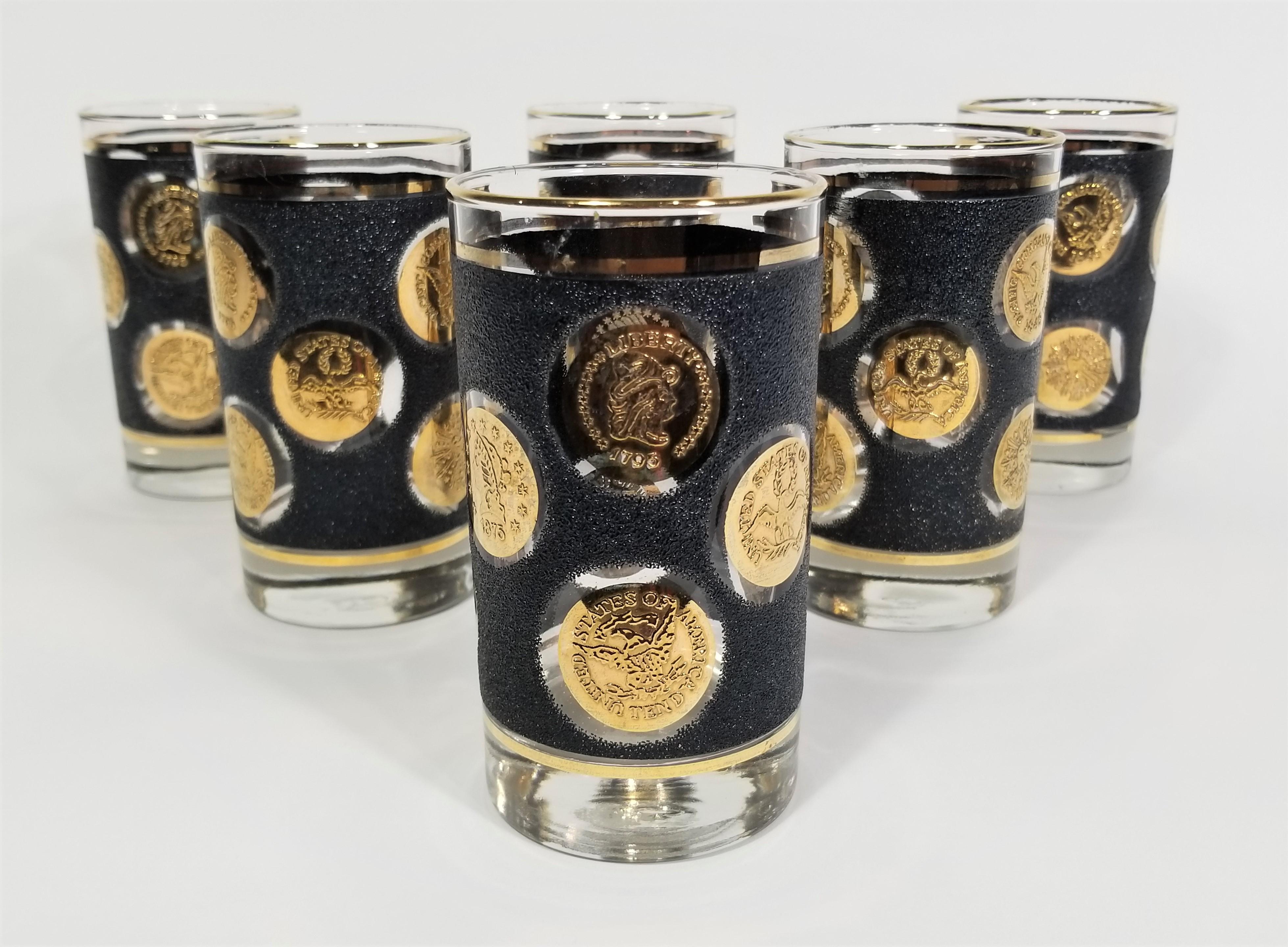 Mid century 1960s Libbey 22K gold with black. Glassware barware. Set of 6. All glasses have Libbey marking on bottom.