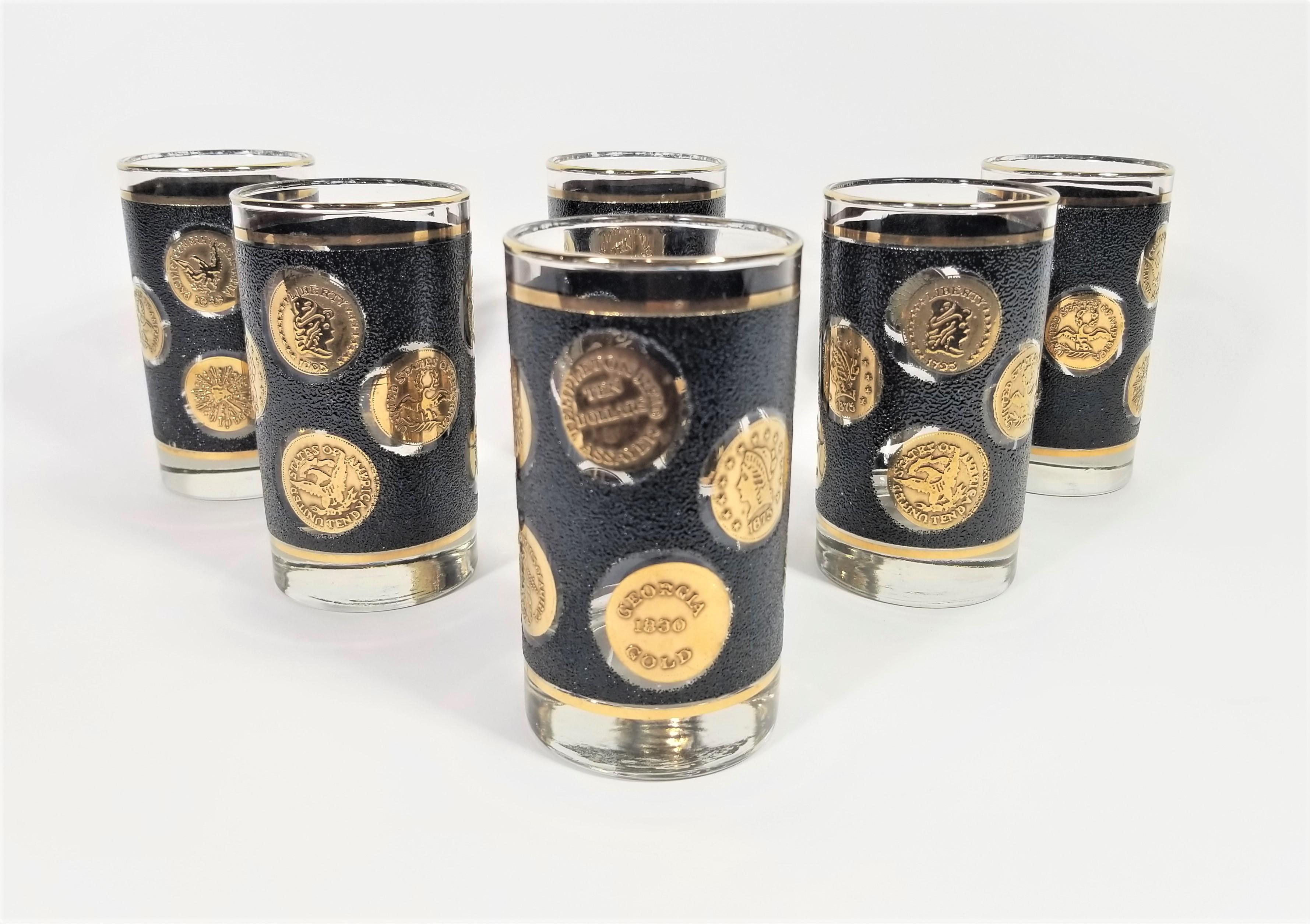 1960s Mid Century Libbey Glassware Barware. 22K Gold and Black. Set of 6.