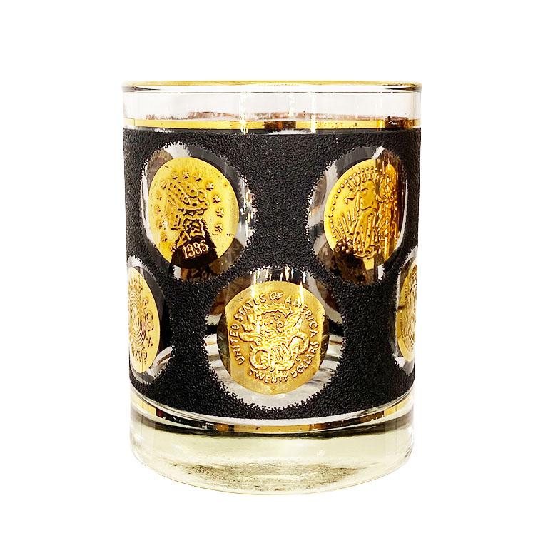 Mid-Century Modern Libbey Black and Gold Coin Glass Tumblers, Set of 2