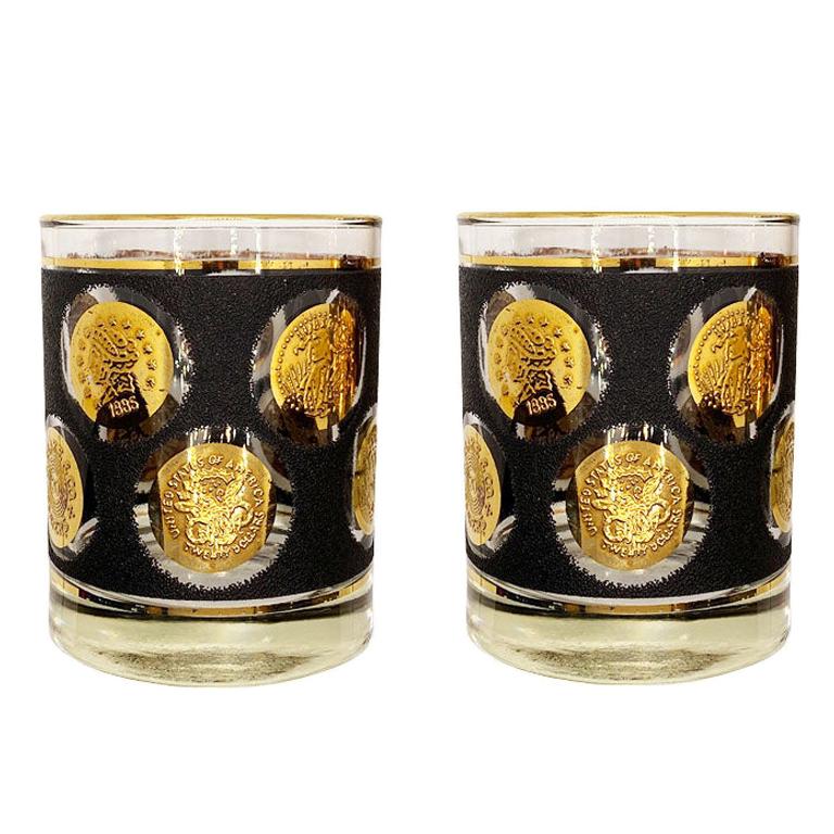 Libbey Black and Gold Coin Glass Tumblers, Set of 2