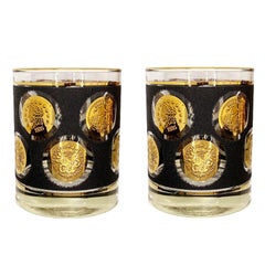 Vintage Libbey Black and Gold Coin Glass Tumblers, Set of 2