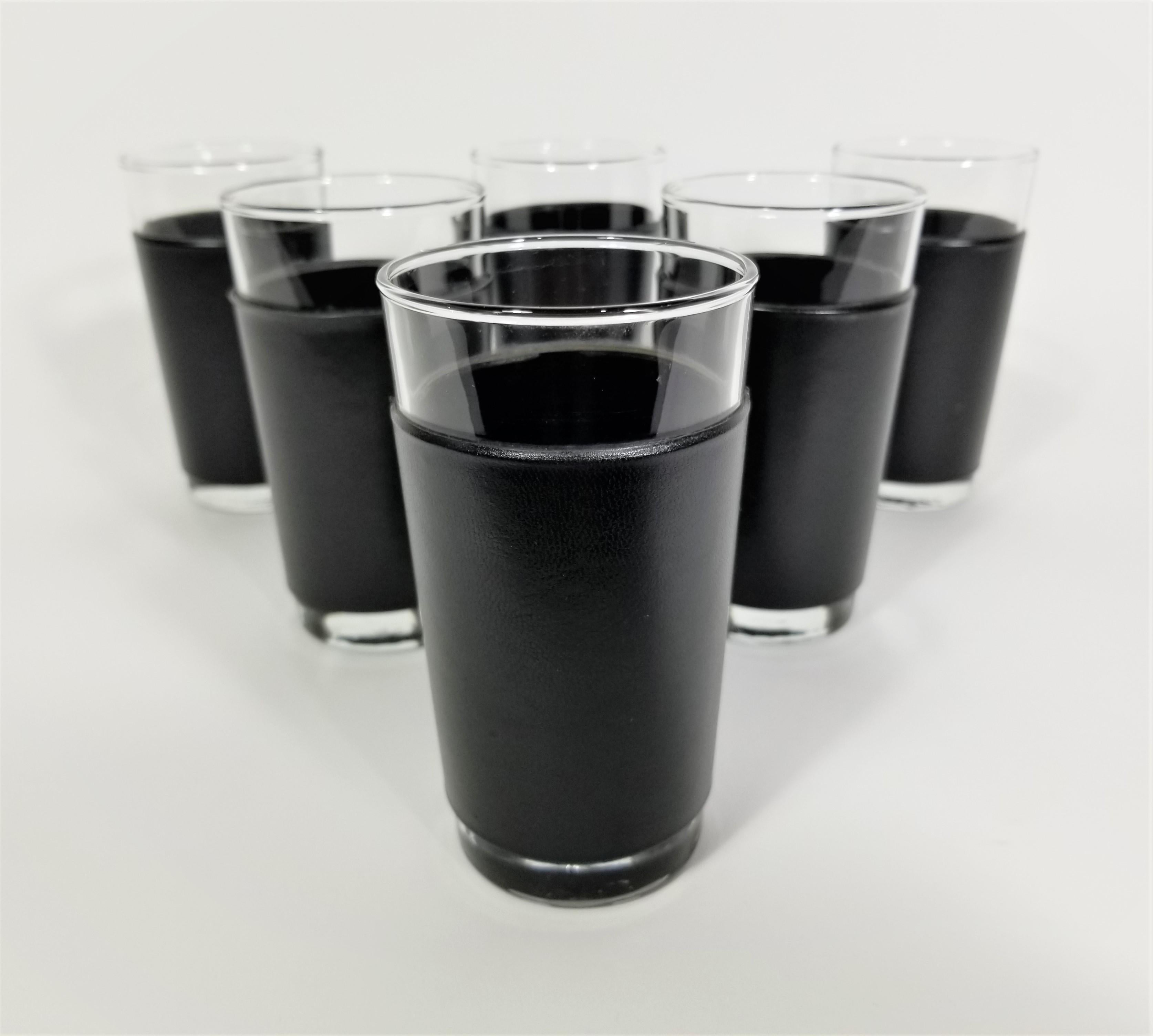 Libbey Black Leather Glassware Barware Mid Century, 1960s In Excellent Condition For Sale In New York, NY