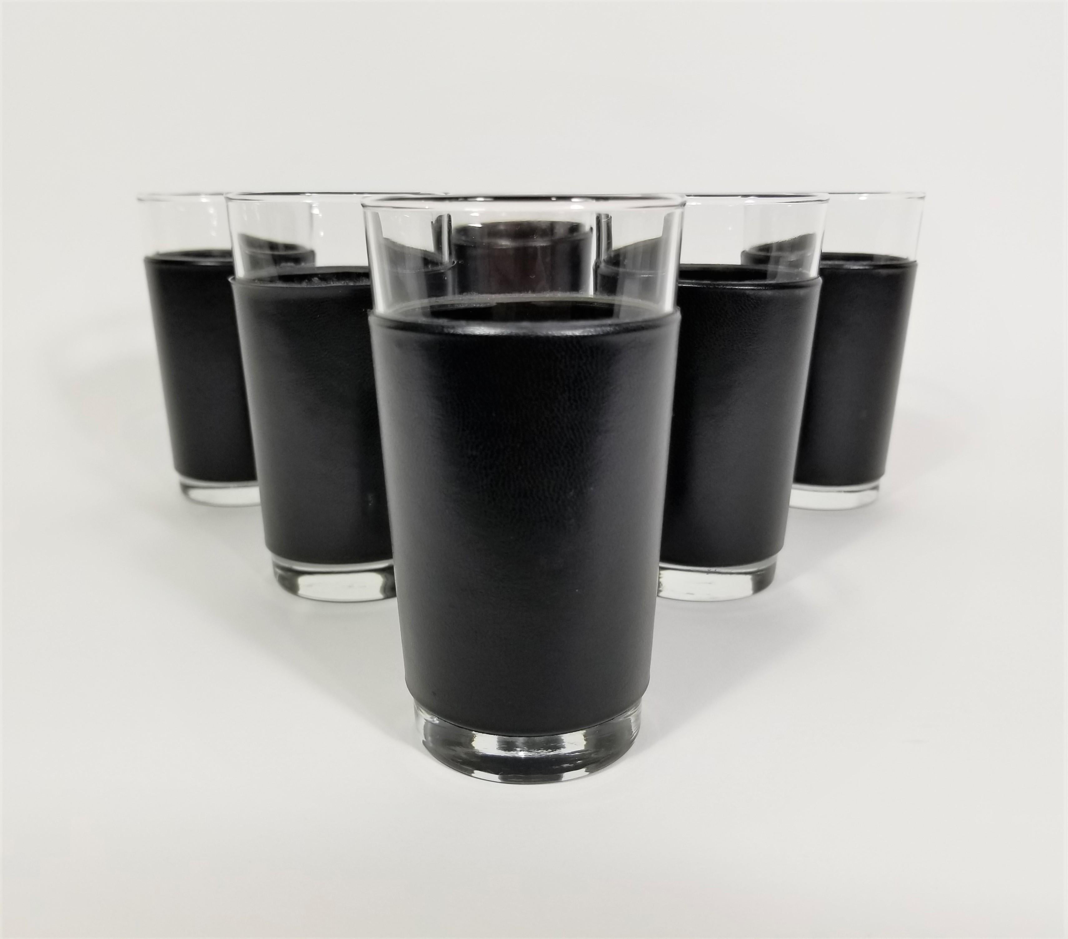 20th Century Libbey Black Leather Glassware Barware Mid Century, 1960s For Sale