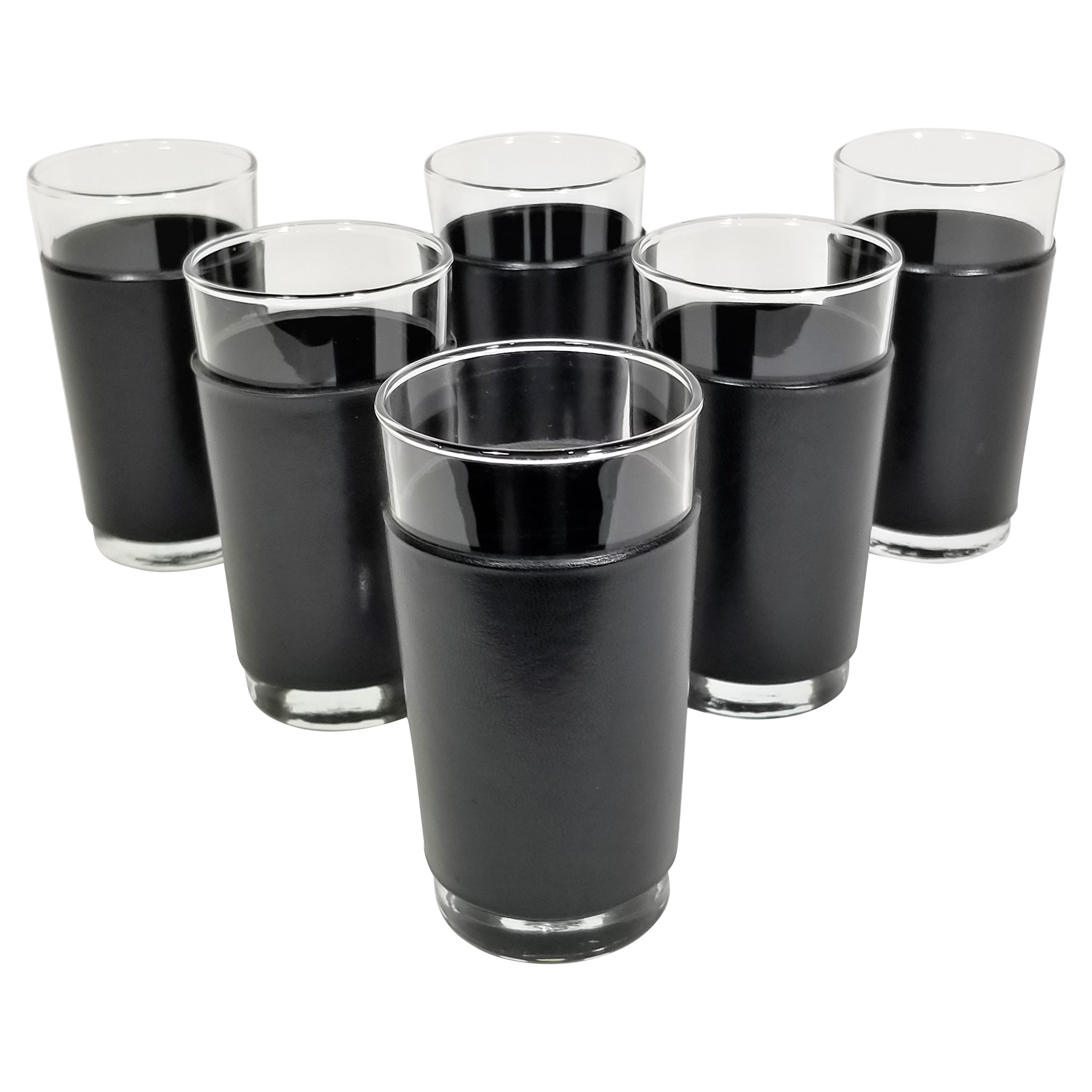 Libbey Black Leather Glassware Barware Mid Century, 1960s For Sale