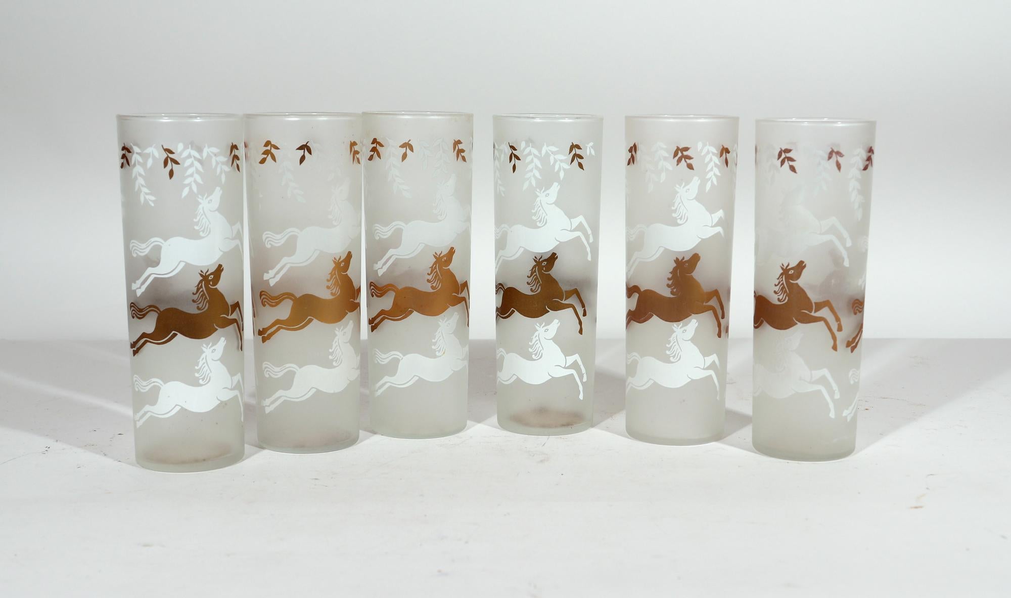 Libbey Cavalcade Galloping Horse Tom Collins cocktail glasses
Mid-Century Modern glasses- set of twelve,
The 1950s

Twelve (12) Libbey Tom Collins or Highball frosted glasses decorated on both sides with galloping horses- two white horses and a