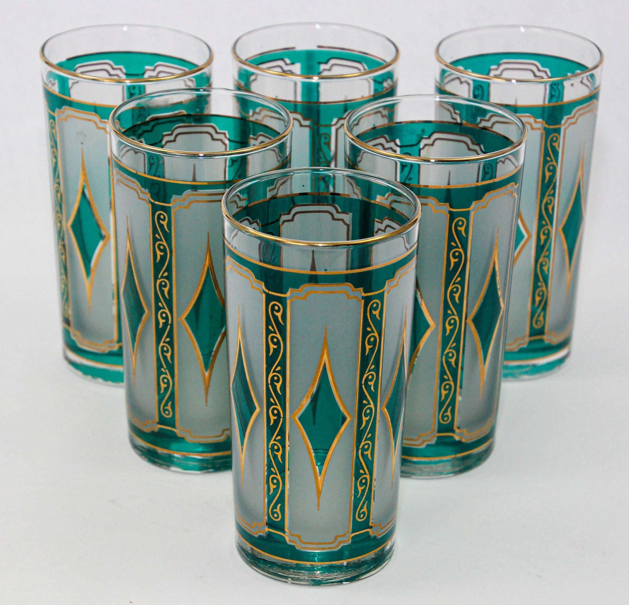 American Libbey Emerald Green with 22K Gold Diamond Glasses set of 6 Hollywood Regency