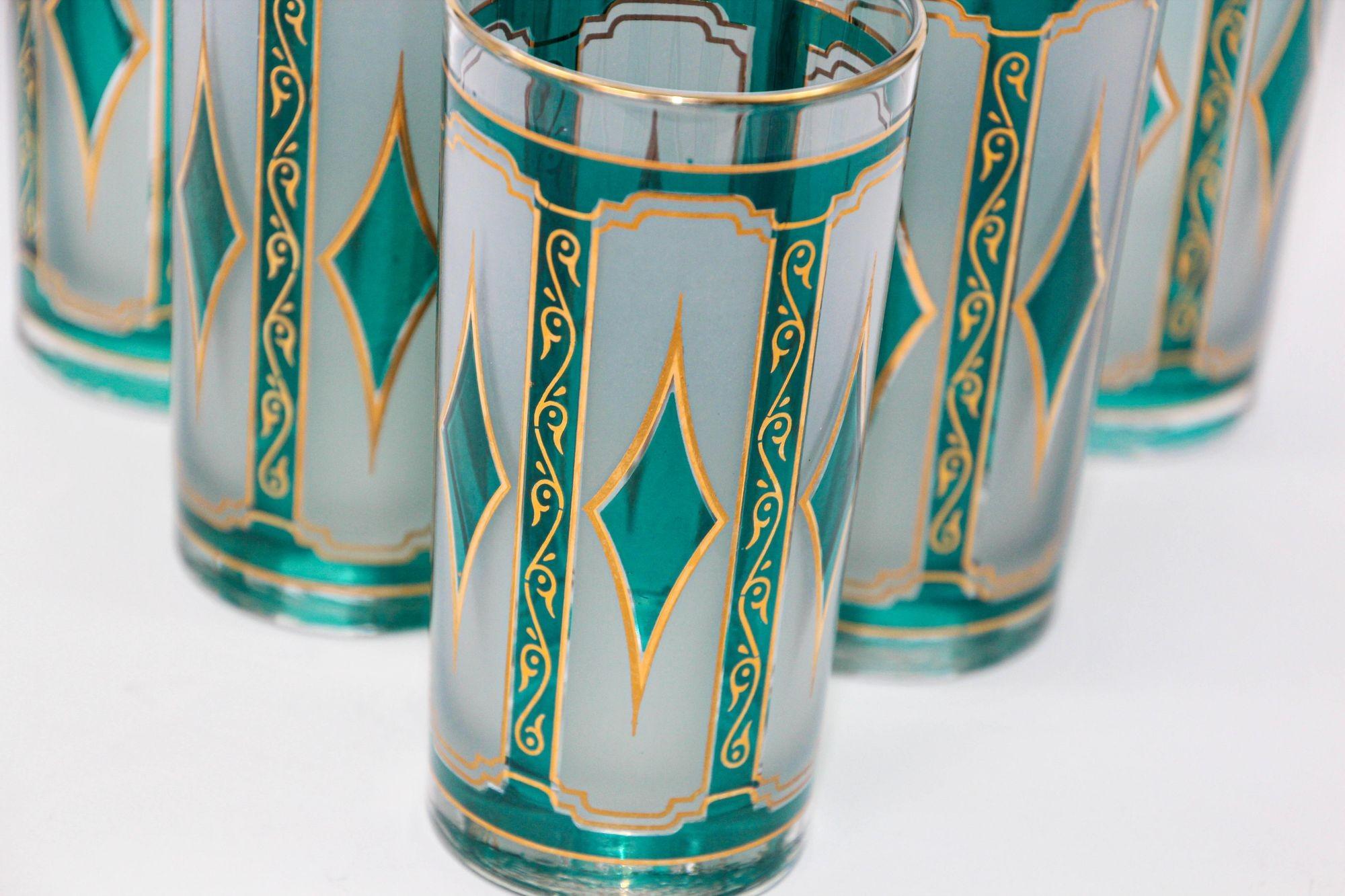 Libbey Emerald Green with 22K Gold Diamond Glasses set of 6 Hollywood Regency In Good Condition In North Hollywood, CA