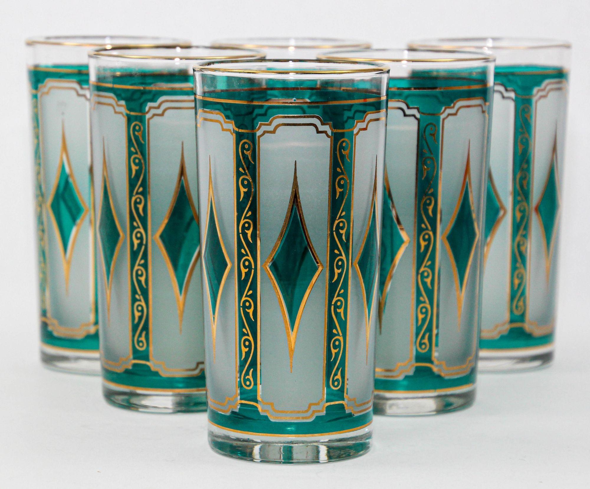20th Century Libbey Emerald Green with 22K Gold Diamond Glasses set of 6 Hollywood Regency