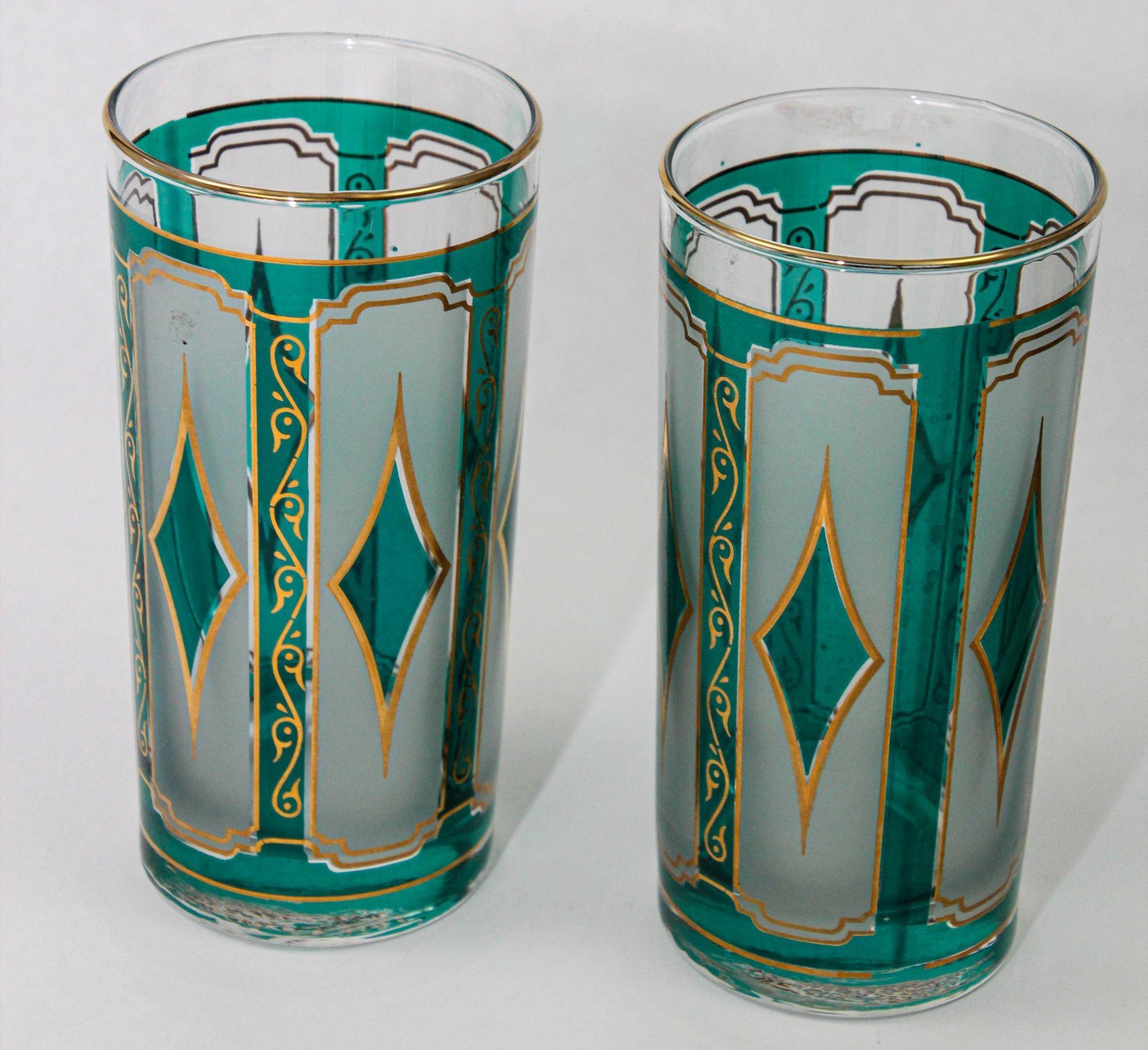 Art Glass Libbey Emerald Green with 22K Gold Diamond Glasses set of 6 Hollywood Regency