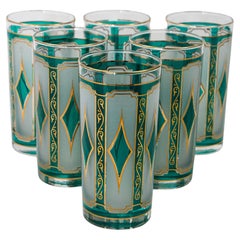 Used Libbey Emerald Green with 22K Gold Diamond Glasses set of 6 Hollywood Regency