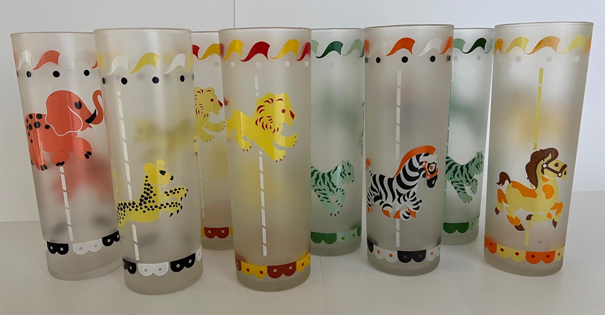 Enameled Libbey Frosted Cocktail / Collins Glasses With Carousel Animals- Set of 8 For Sale